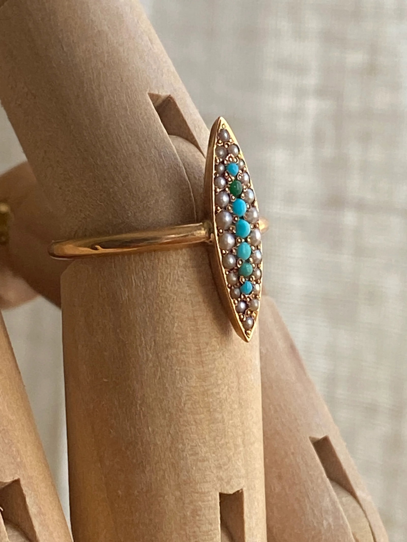 Turquoise + 14k Gold Marquis Ring Size 7.25 - 6