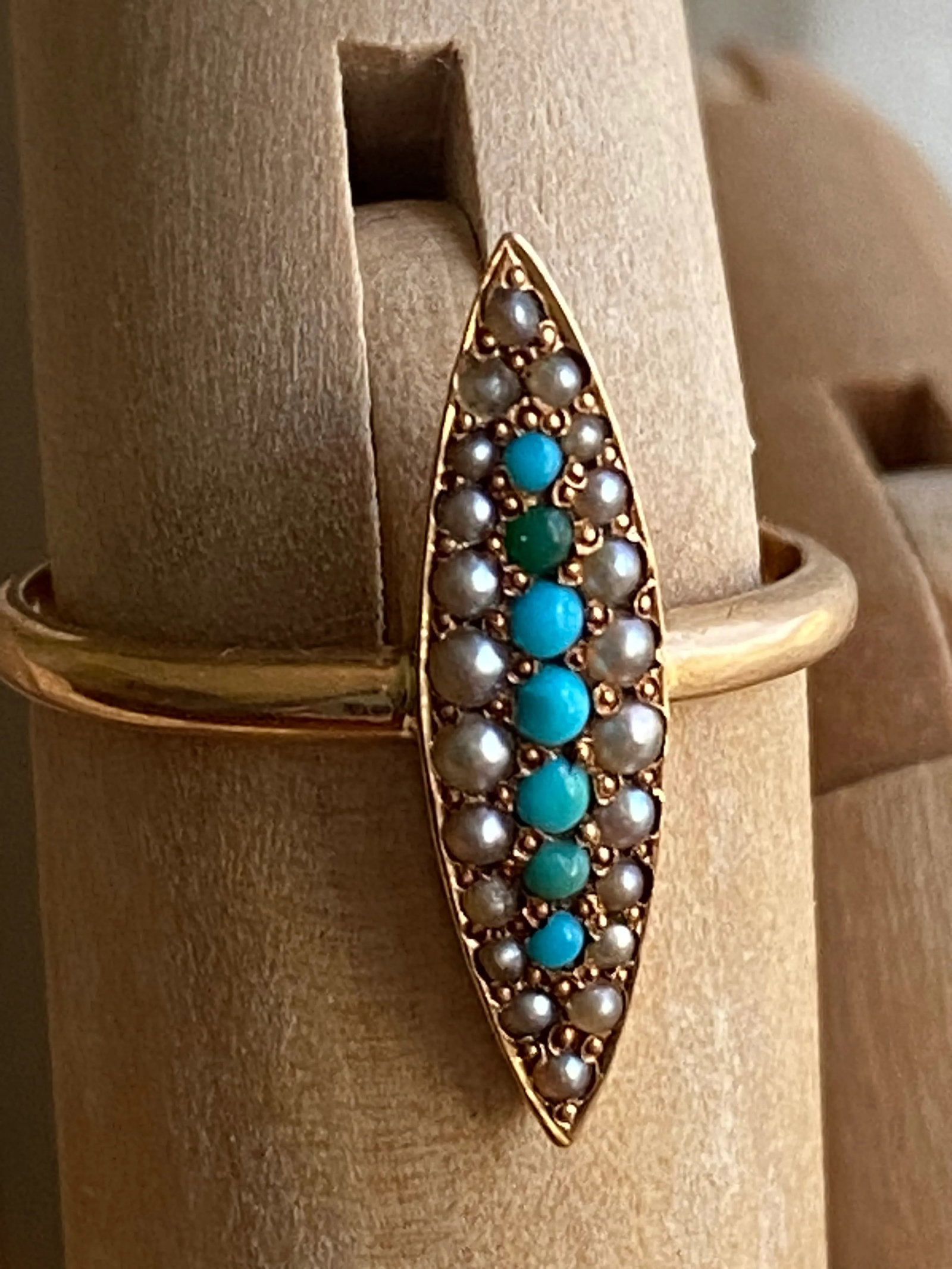Turquoise + 14k Gold Marquis Ring Size 7.25 - 7