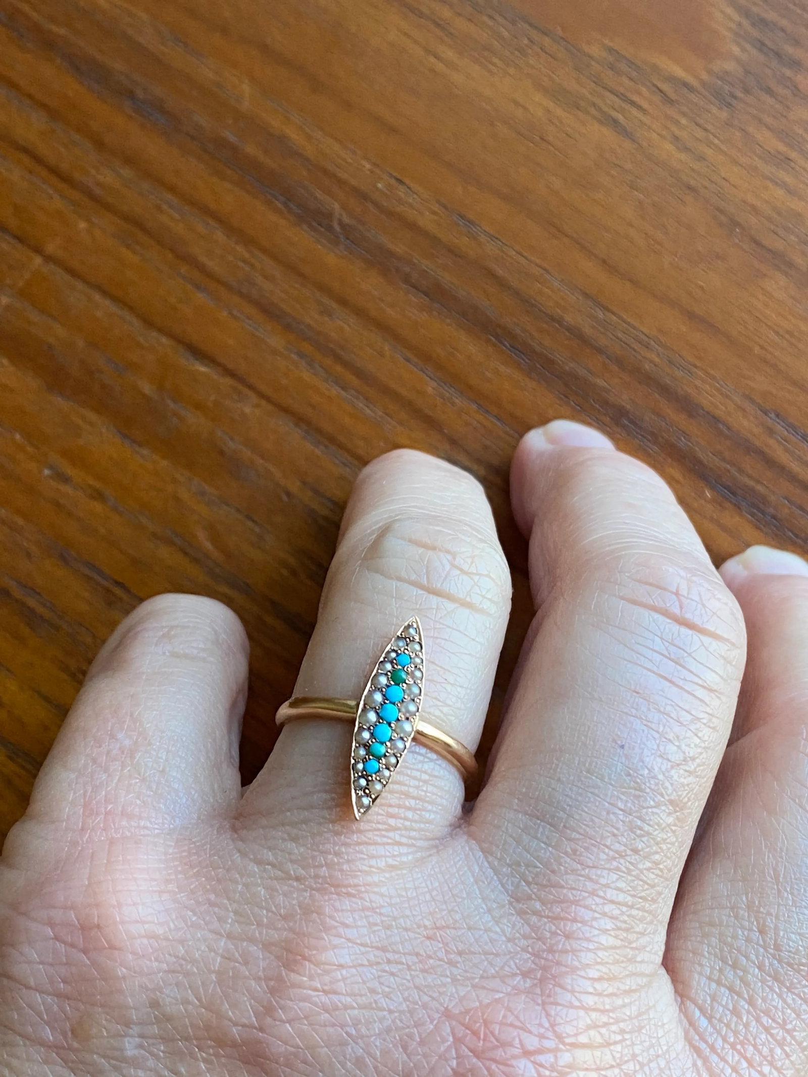 Turquoise + 14k Gold Marquis Ring Size 7.25 - 8