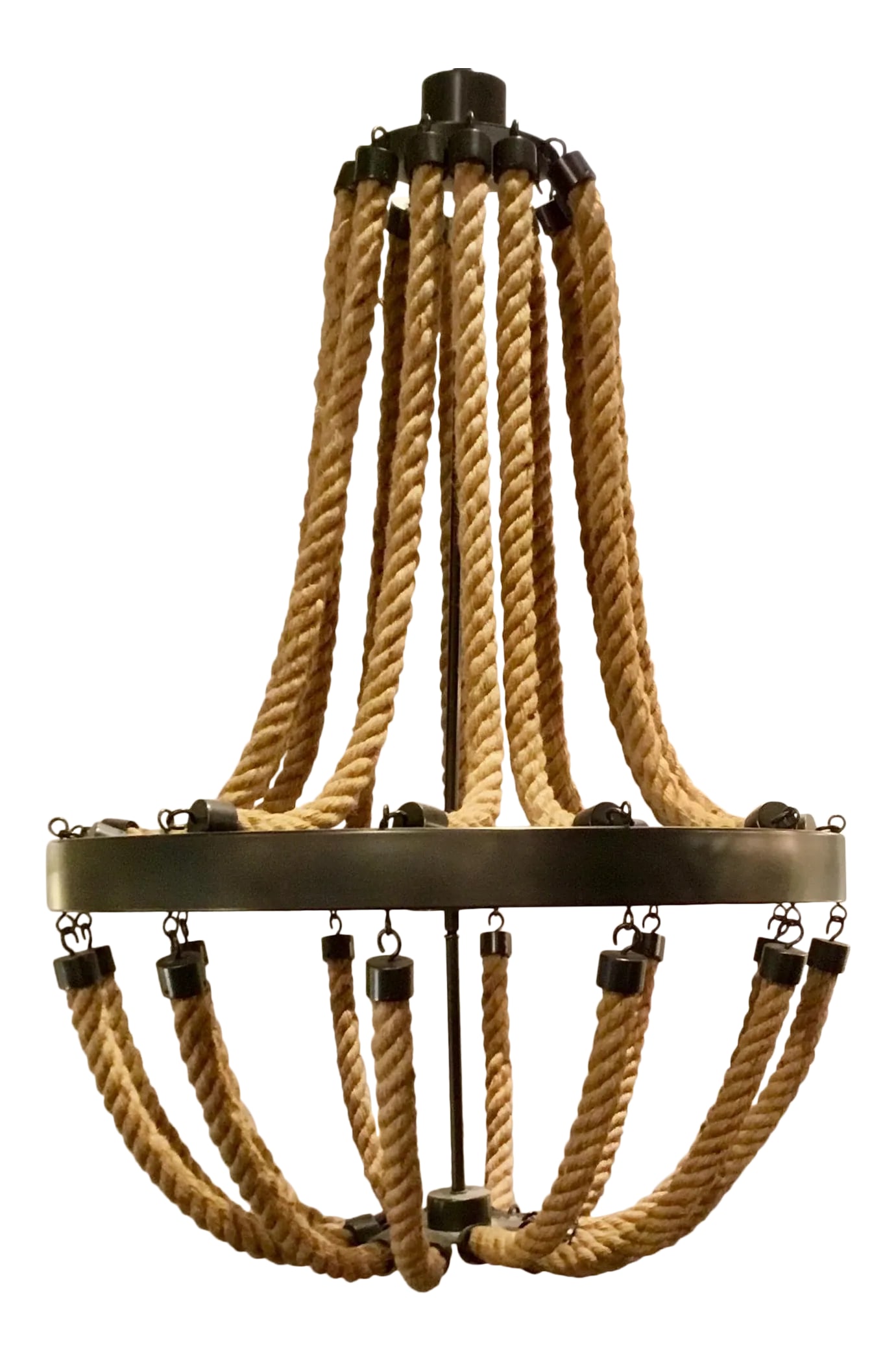 Noir Company Vic Rope Chandelier: Stylish industrial Noir Company Vic Rope Chandelier, iron fram and accents, showroom floor sample, original retail $3000 Condition: Imperfections: Some Imperfections Condition Notes: Showroom floor