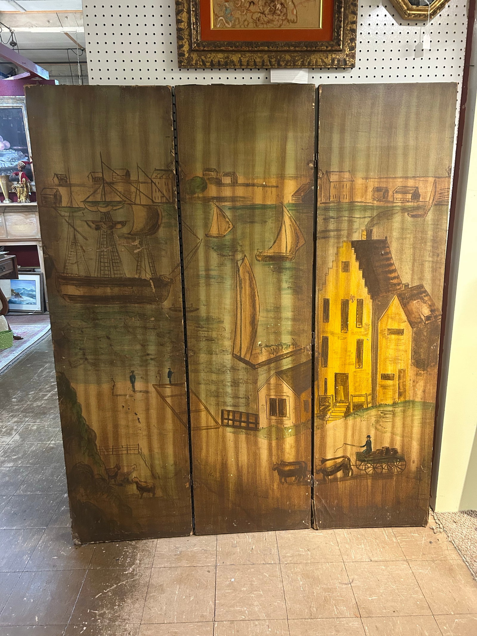 Antique Hand-Painted Folk Art Room Divider Partition 3-Panel Screen With Nautical Commercial City Ha - 10