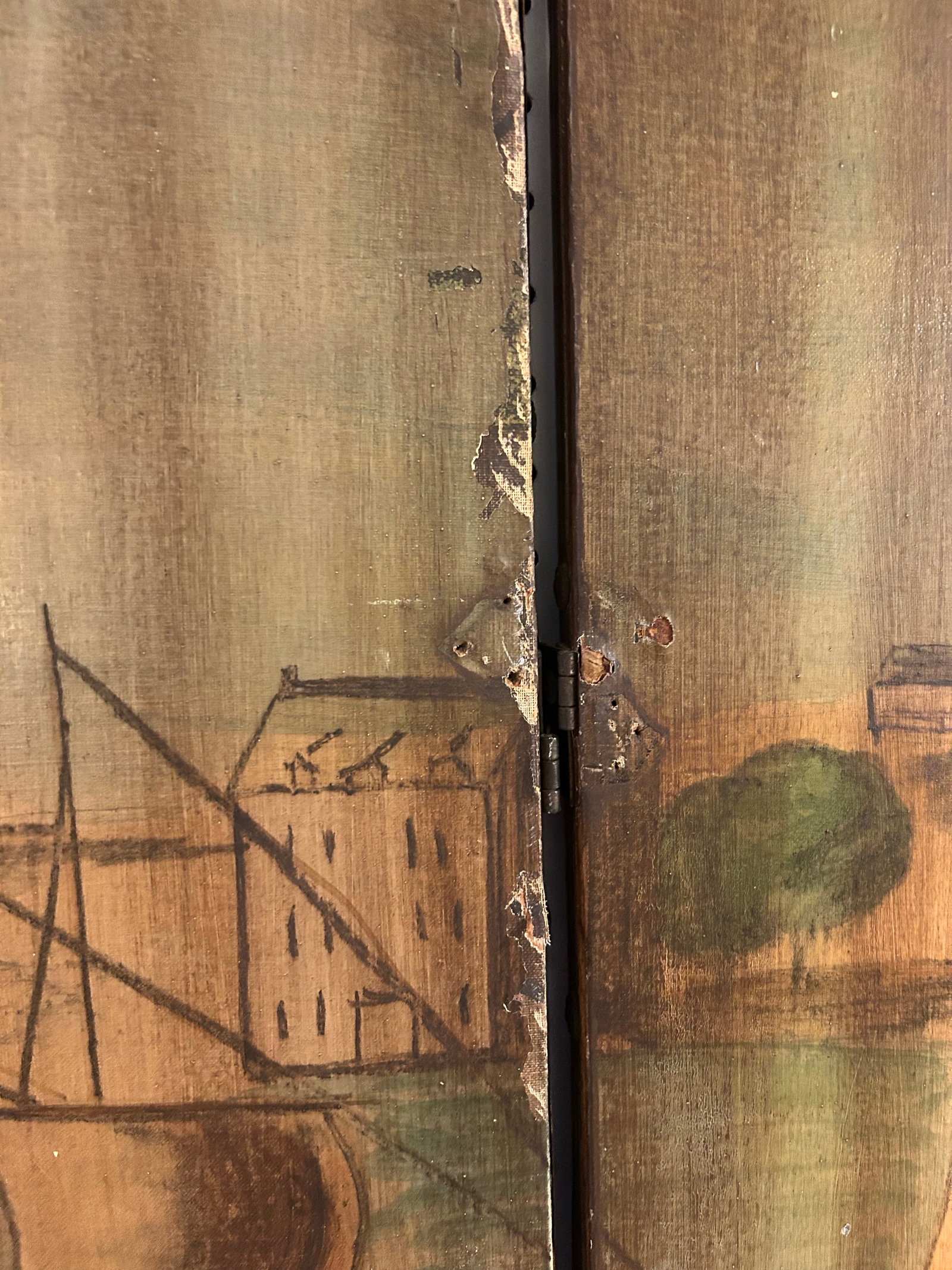 Antique Hand-Painted Folk Art Room Divider Partition 3-Panel Screen With Nautical Commercial City Ha - 12