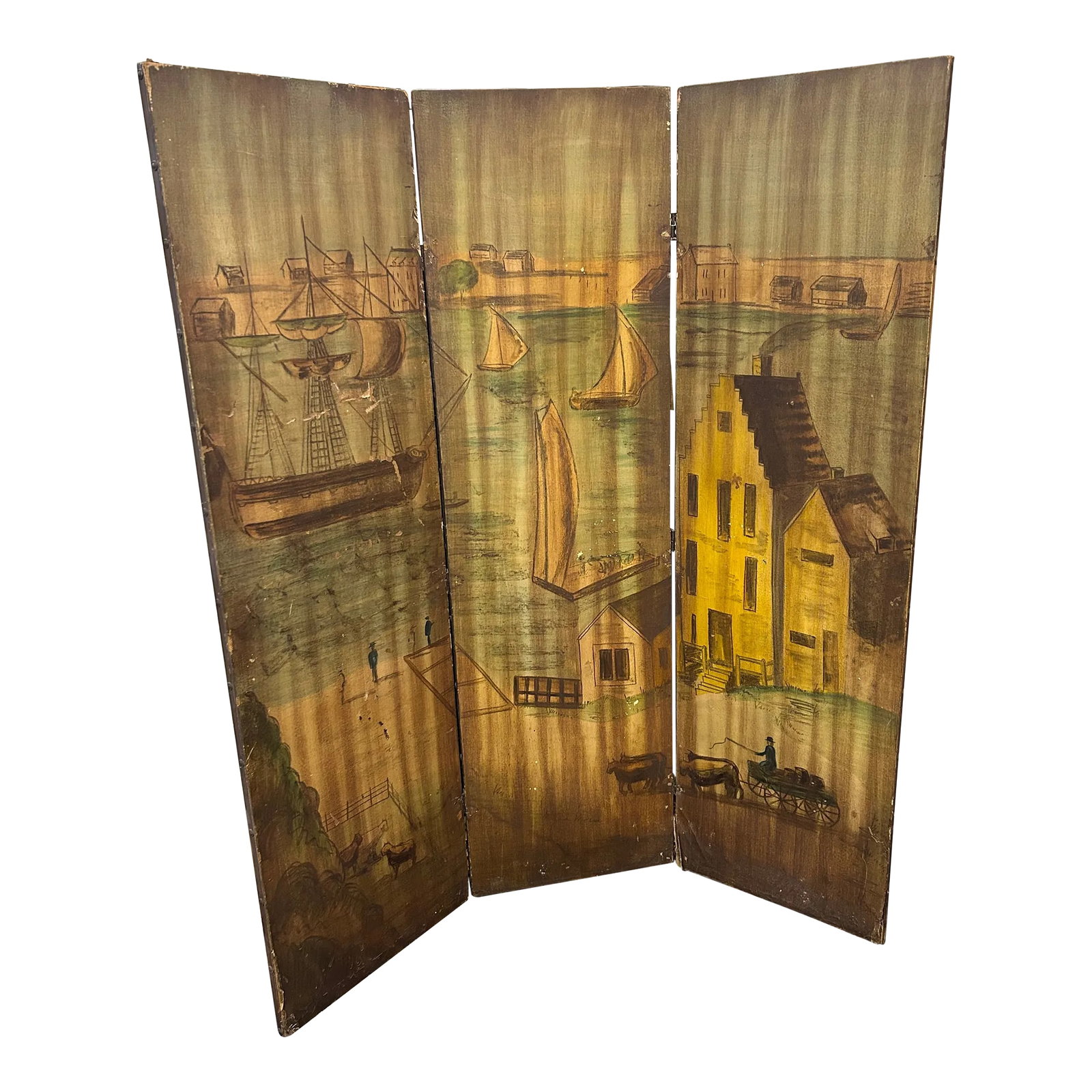 Antique Hand-Painted Folk Art Room Divider Partition 3-Panel Screen With Nautical Commercial City Ha: Antique hand-painted folk art room divider partition screen with nautical, commercial city harbor scene across 3 hinged panels. Painted canvas on heavy wood frame. Stepped Dutch roof as seen in the
