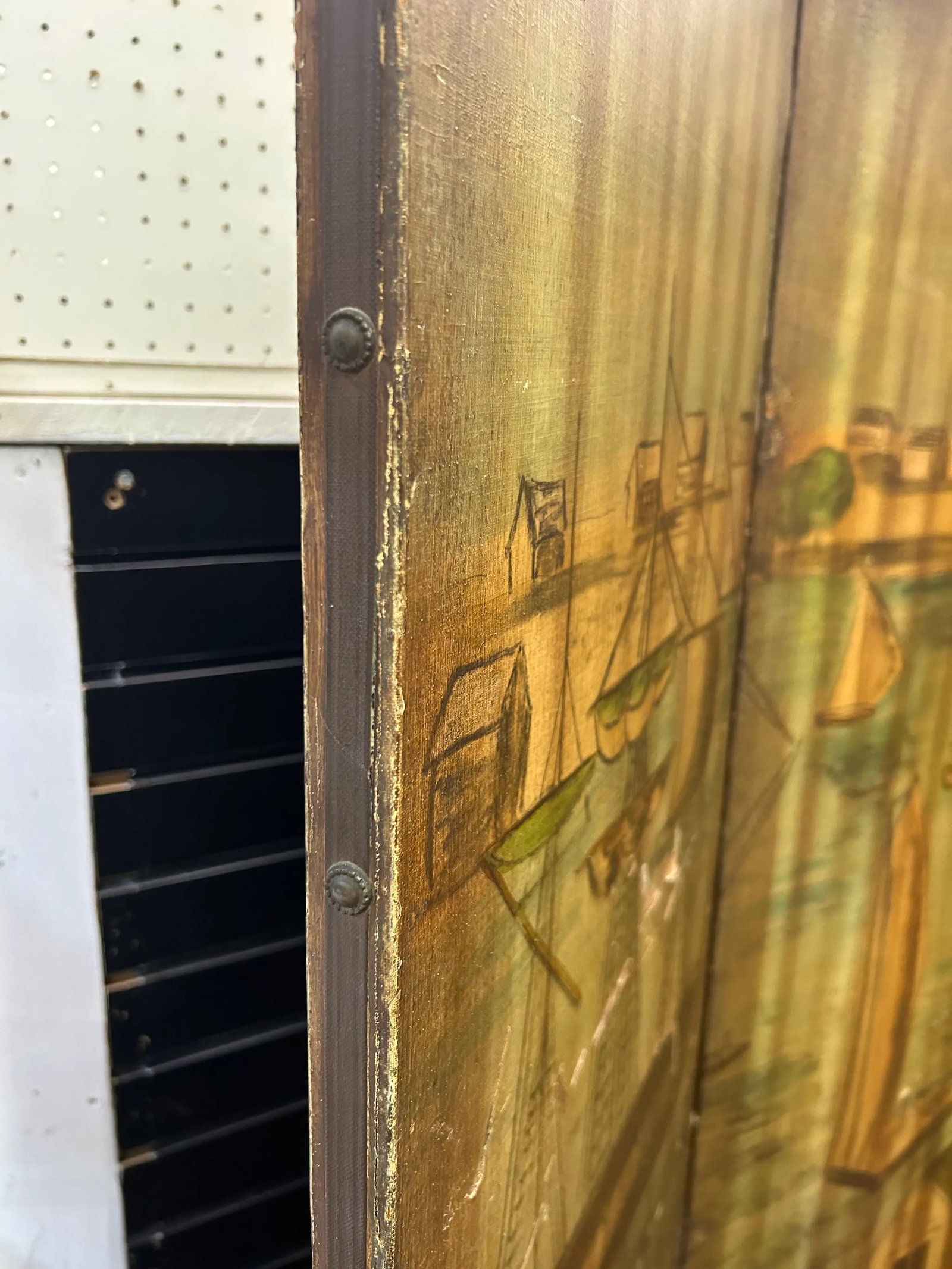 Antique Hand-Painted Folk Art Room Divider Partition 3-Panel Screen With Nautical Commercial City Ha - 2