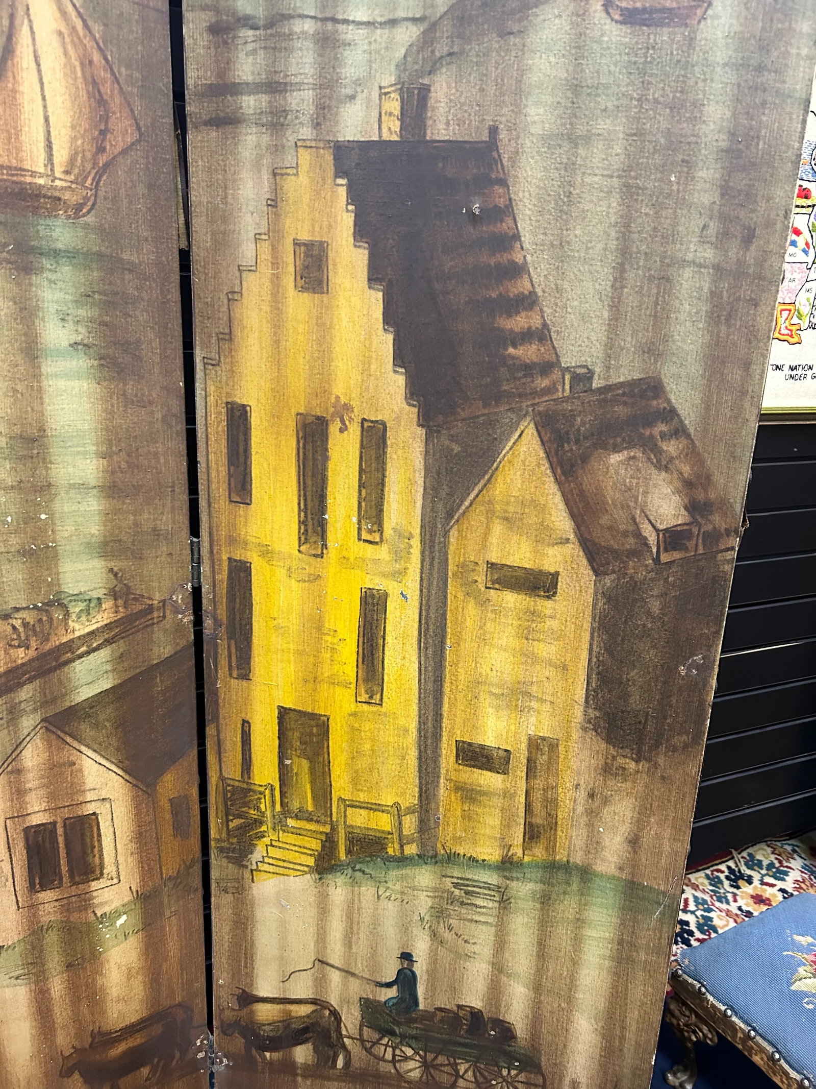 Antique Hand-Painted Folk Art Room Divider Partition 3-Panel Screen With Nautical Commercial City Ha - 3