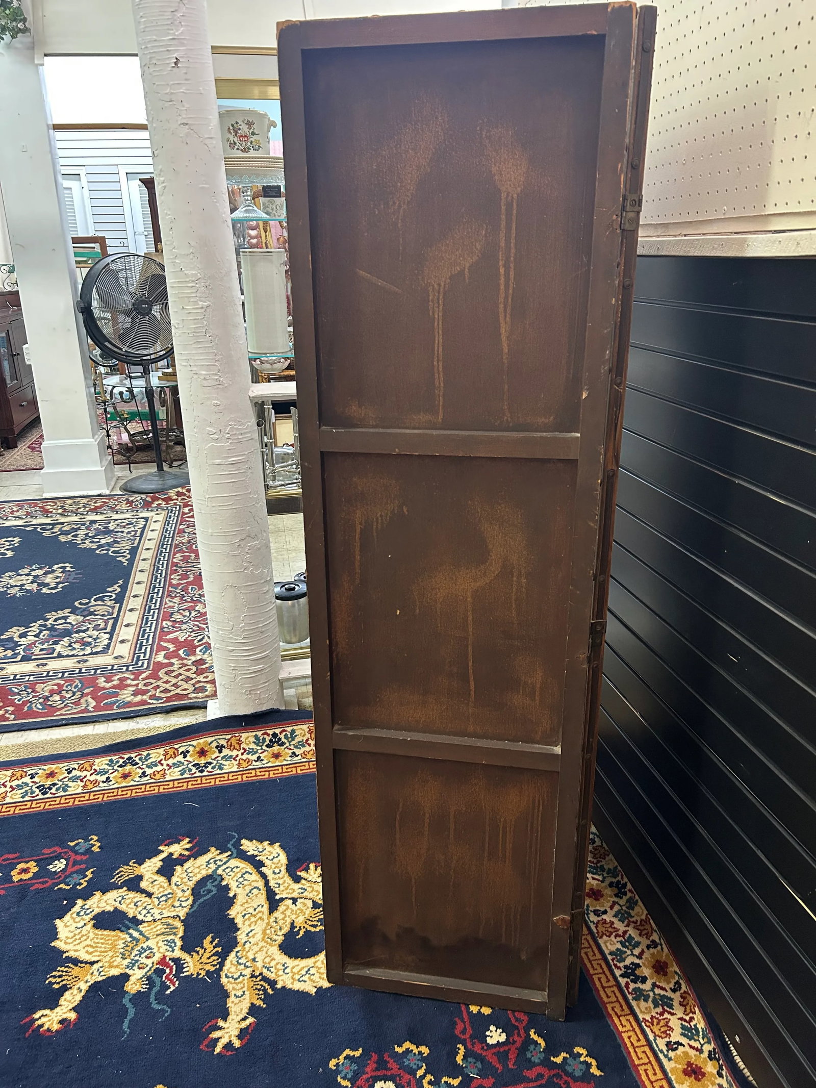 Antique Hand-Painted Folk Art Room Divider Partition 3-Panel Screen With Nautical Commercial City Ha - 5