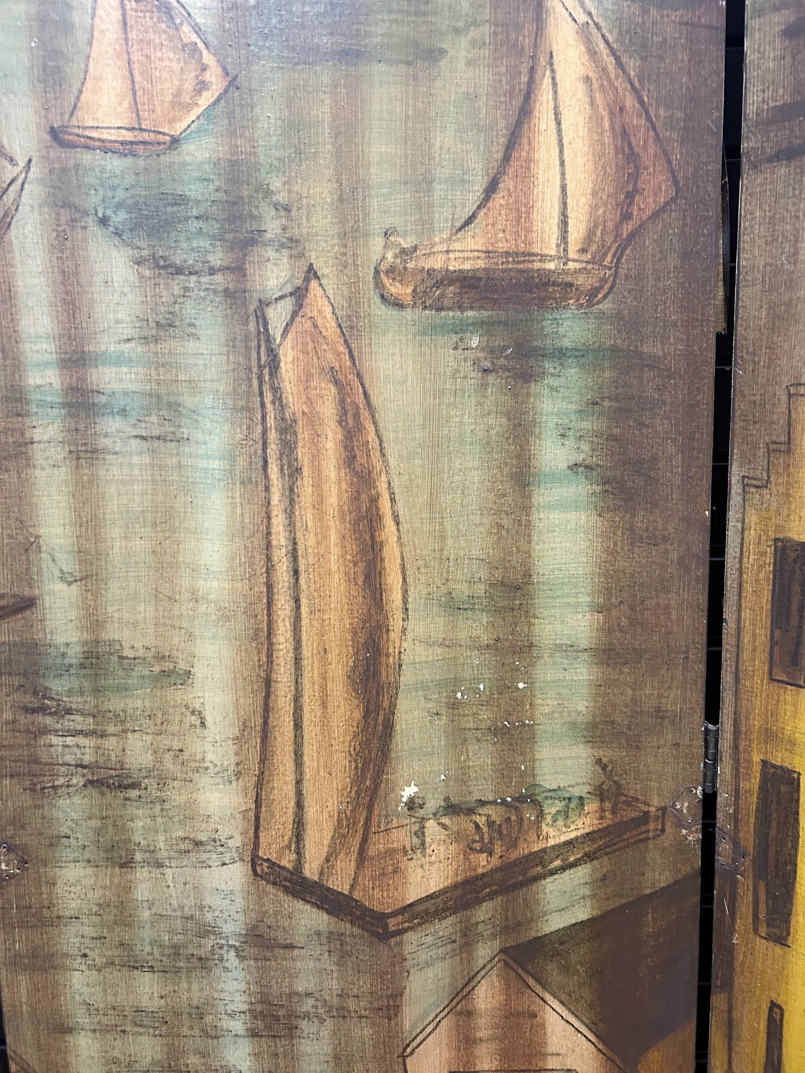 Antique Hand-Painted Folk Art Room Divider Partition 3-Panel Screen With Nautical Commercial City Ha - 7