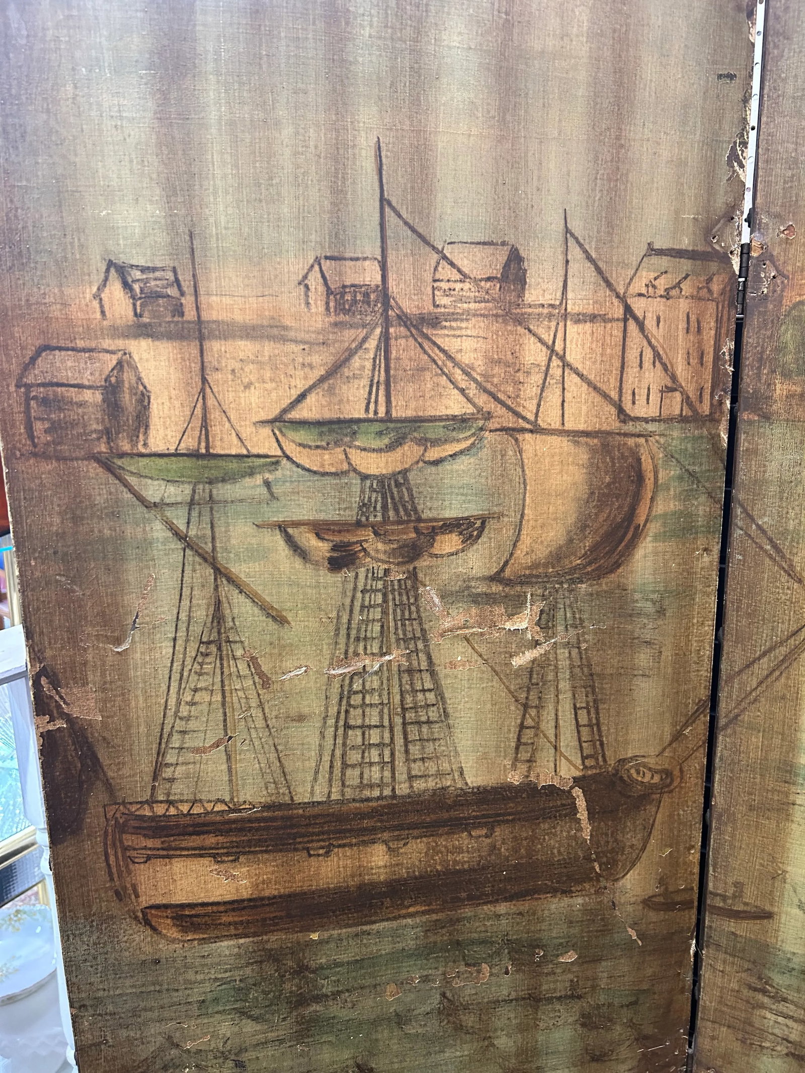 Antique Hand-Painted Folk Art Room Divider Partition 3-Panel Screen With Nautical Commercial City Ha - 8