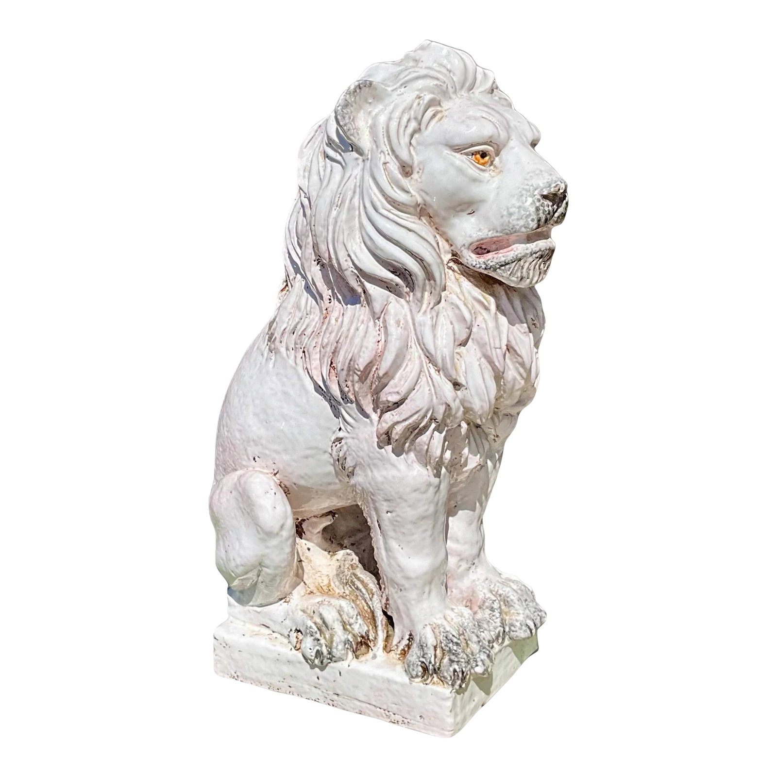 Hollywood Regency Era Italian Terracotta Neoclassical Lion Figurine / Garden Statue: This is a handsome Hollywood Regency Era Italian white lion terracotta figurine. He is signed and numbered. It is in very good condition. Condition: Alterations: Original Condition Unaltered