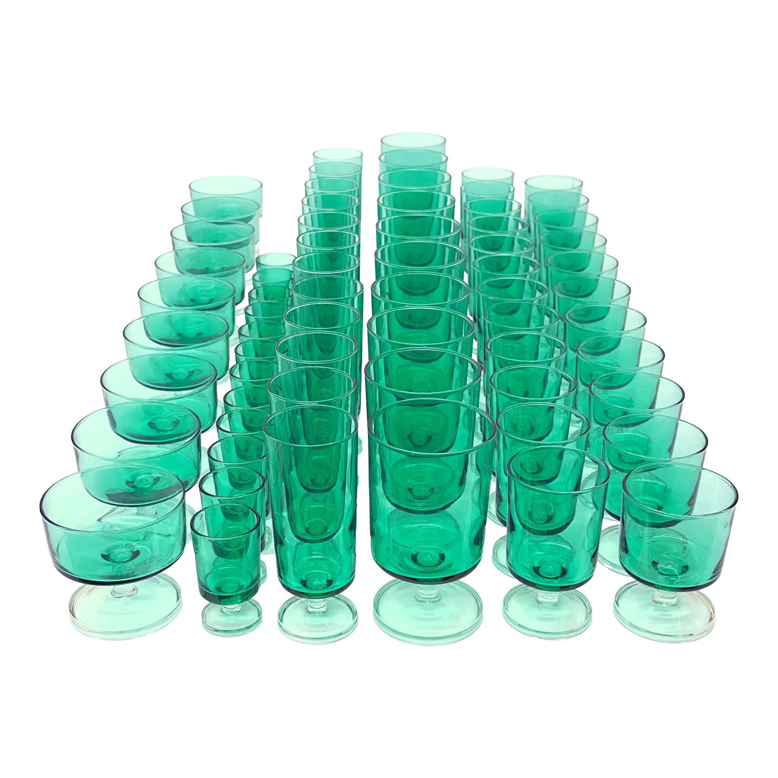 1960s Monumental Collection of Luminarc Emerald Stemware - 72 Pieces: Emerald Luminarc glasses, set of 72. A simply beautiful set of 1960s Luminarc crystal translucent stemmed shot, aperitif, liqueur, champagne coupe and flutes, and wine or water glasses in an emerald
