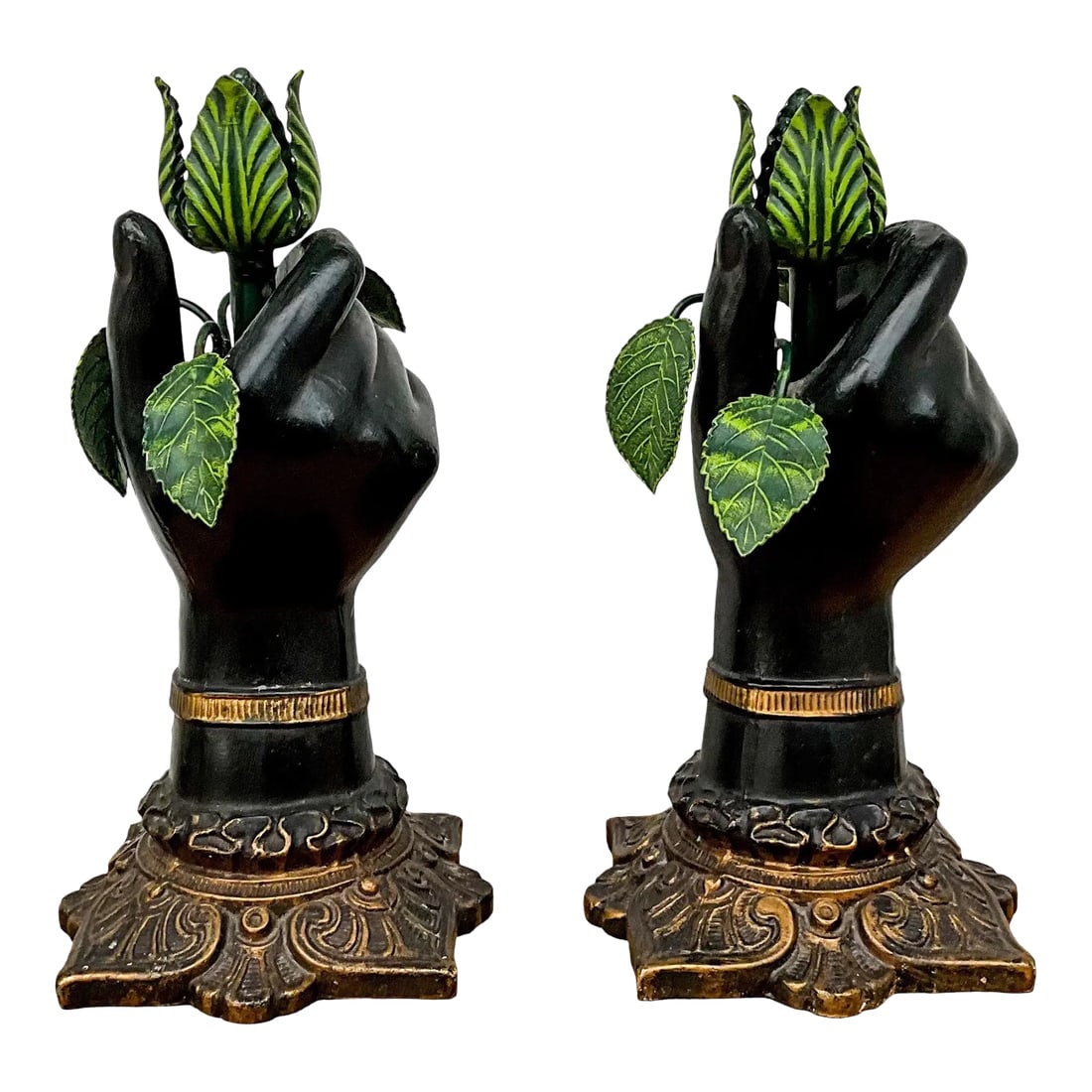 Italian Neo-Classical Style Metal Tole Hand Form & Leaf Candlesticks - Pair (1 of 8)