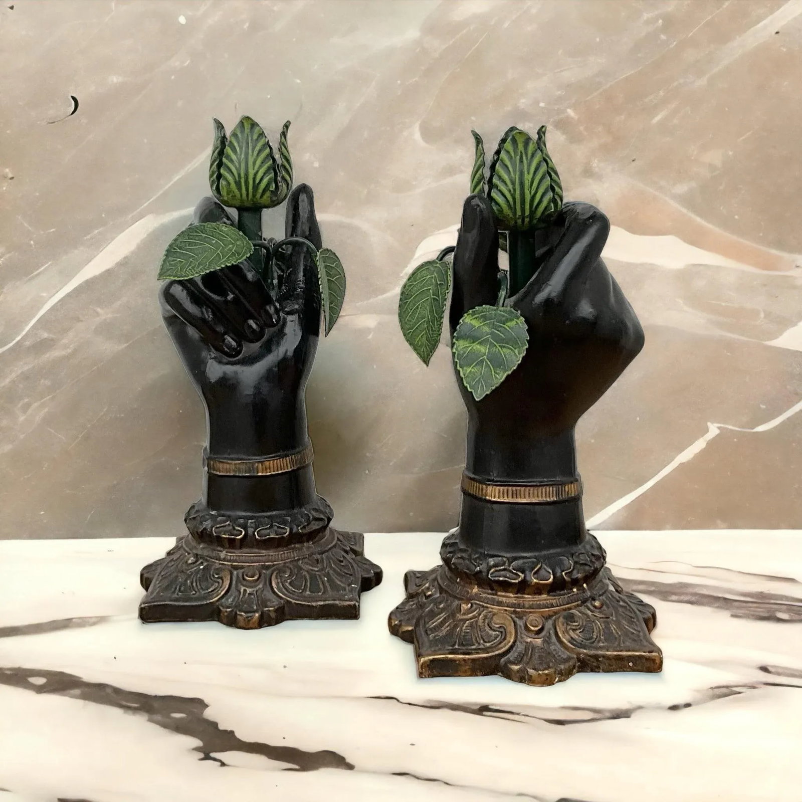 Italian Neo-Classical Style Metal Tole Hand Form & Leaf Candlesticks - Pair - 2