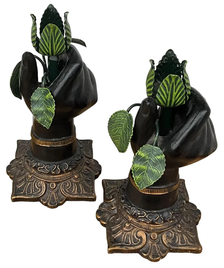Italian Neo-Classical Style Metal Tole Hand Form & Leaf Candlesticks - Pair - 3