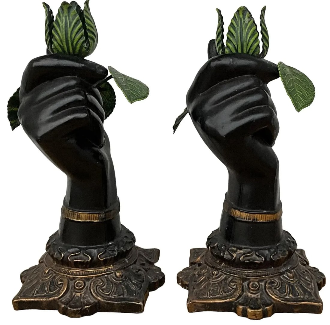 Italian Neo-Classical Style Metal Tole Hand Form & Leaf Candlesticks - Pair - 4