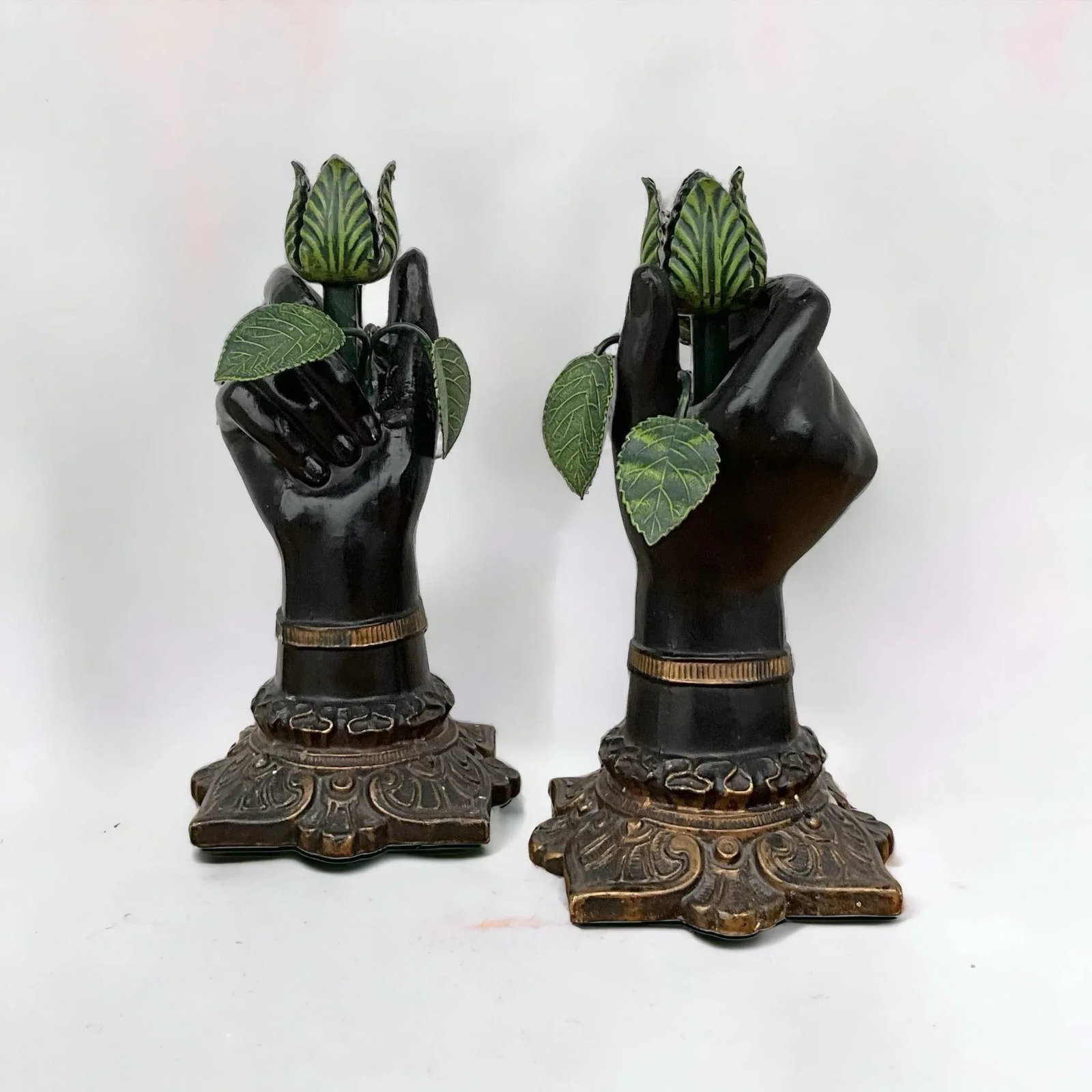 Italian Neo-Classical Style Metal Tole Hand Form & Leaf Candlesticks - Pair - 5
