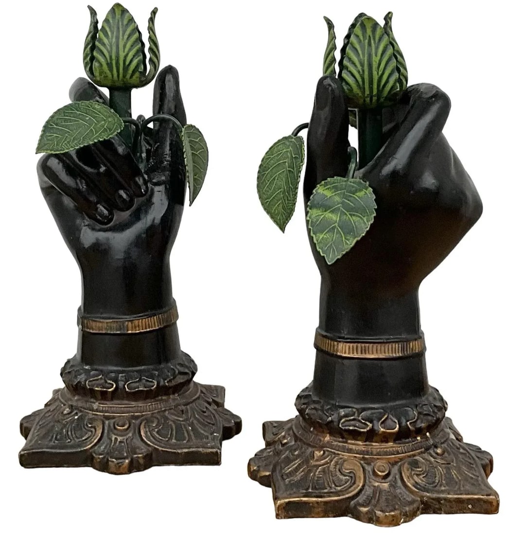 Italian Neo-Classical Style Metal Tole Hand Form & Leaf Candlesticks - Pair - 7