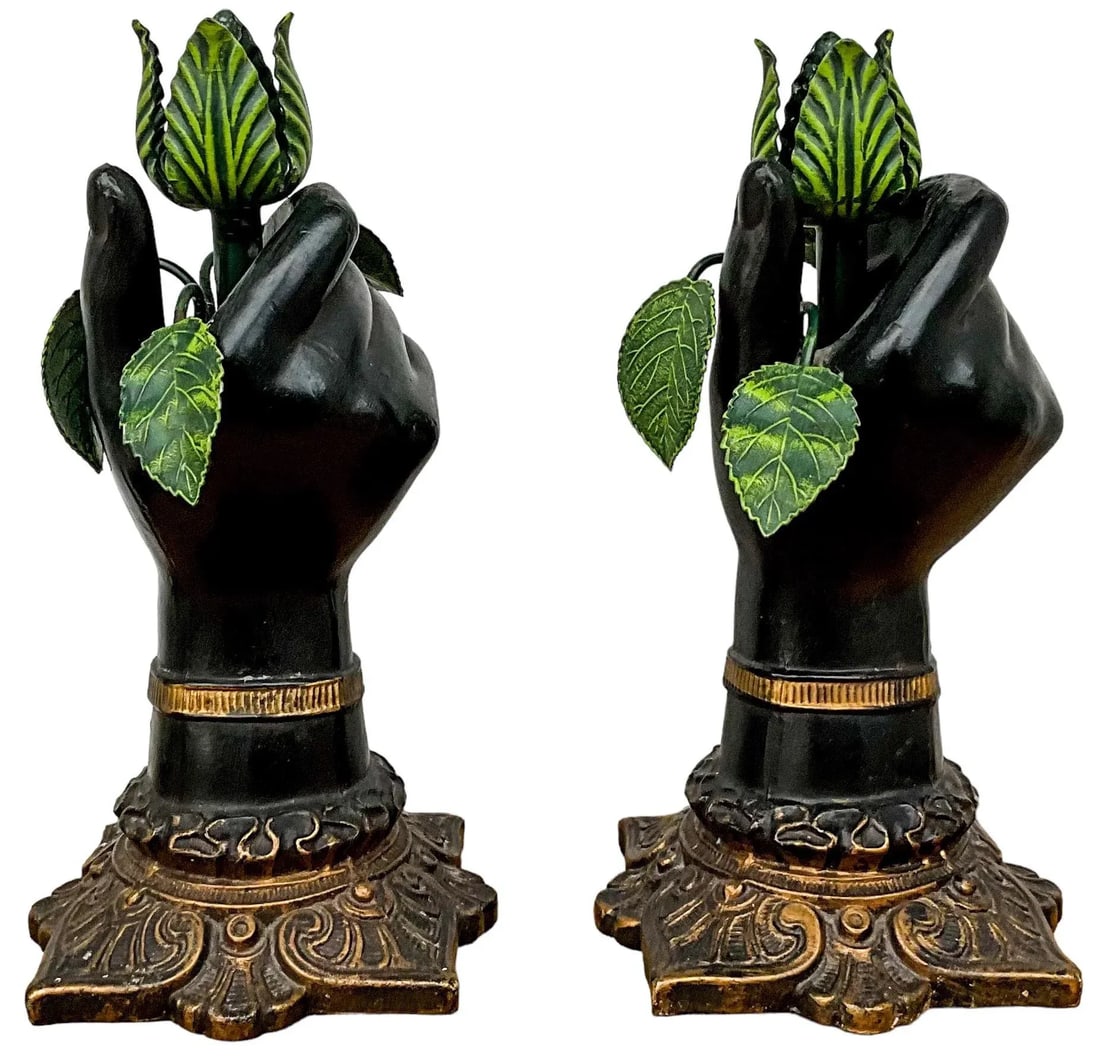 Italian Neo-Classical Style Metal Tole Hand Form & Leaf Candlesticks - Pair - 8