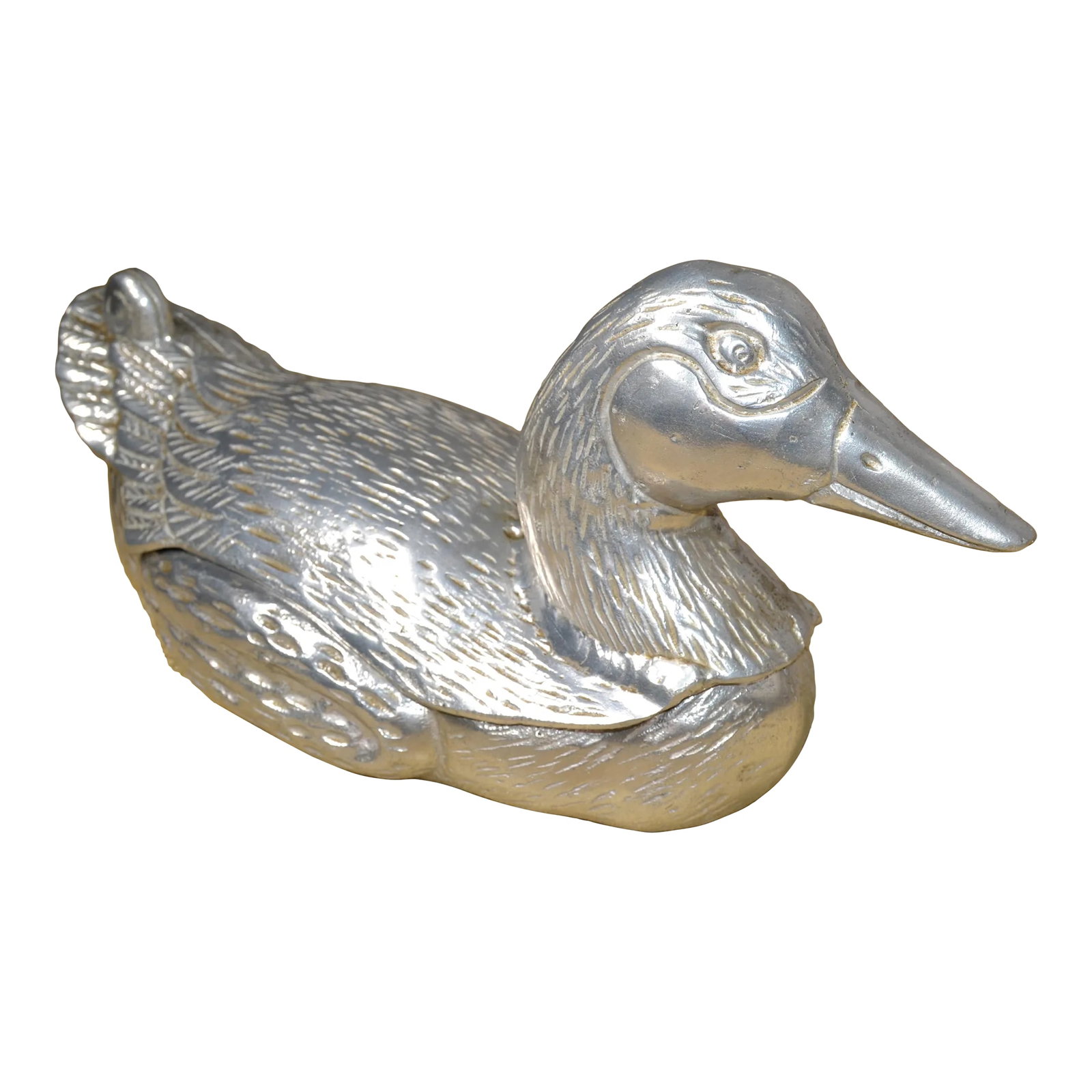 1950s Vintage Pewter Cast Lidded Duck Box Animal Sculpture Mauro Manetti Style: Original 1950s Pewtertone Lidded Duck, Animal Sculpture Mauro Manetti Style. A vintage duck trinket, keepsake is a great catch-all box for a variety of items. The Pewter Animal Sculpture will look