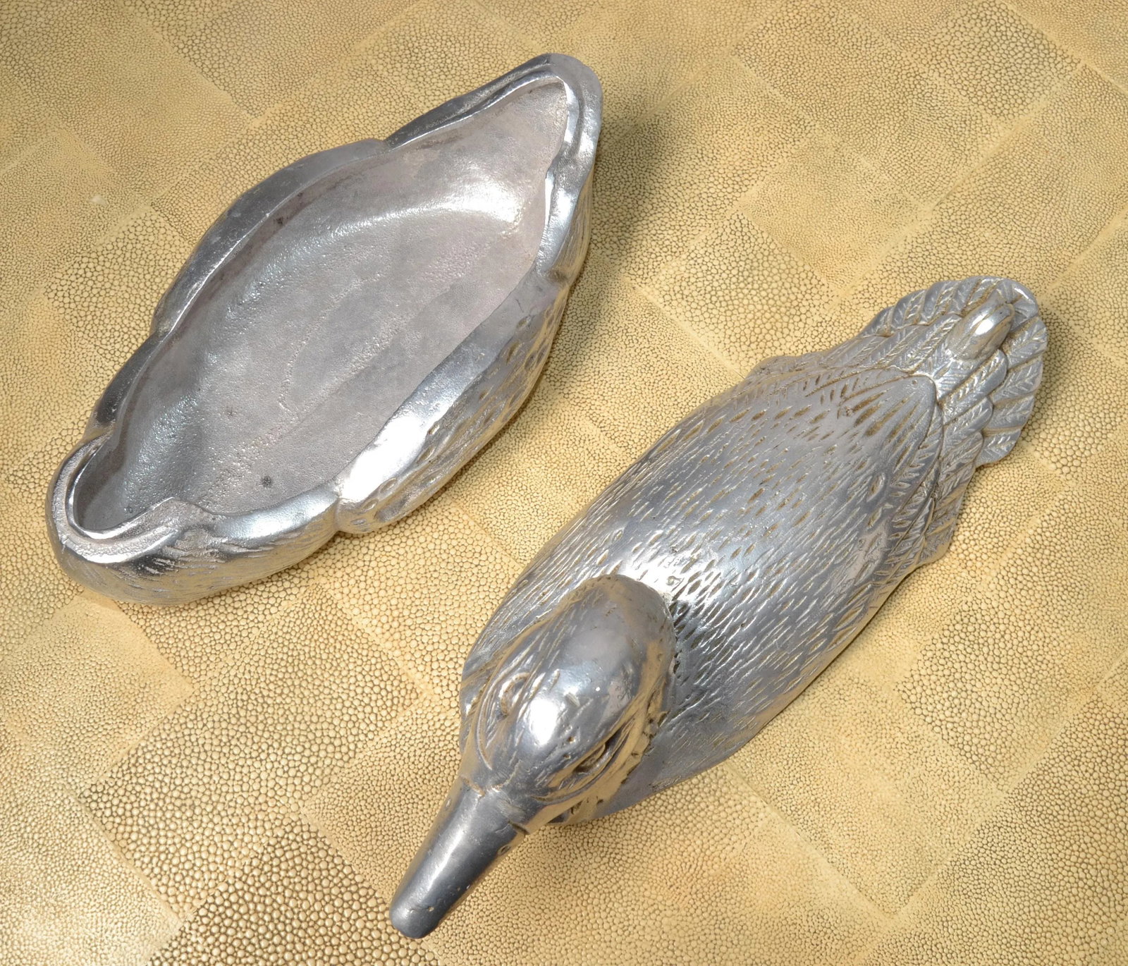 1950s Vintage Pewter Cast Lidded Duck Box Animal Sculpture Mauro Manetti Style - 5