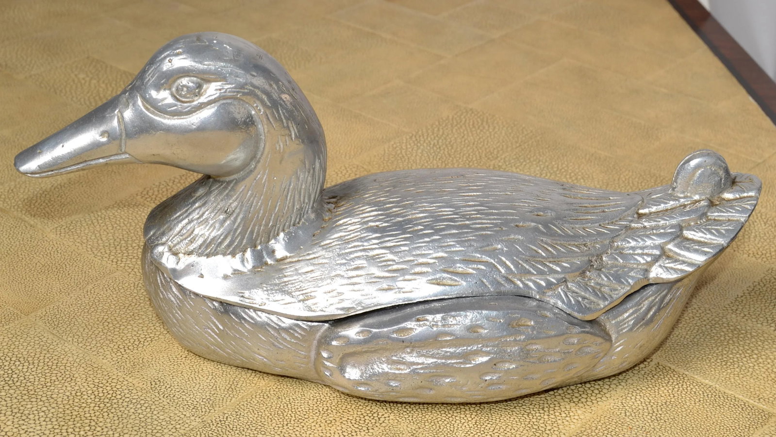 1950s Vintage Pewter Cast Lidded Duck Box Animal Sculpture Mauro Manetti Style - 7