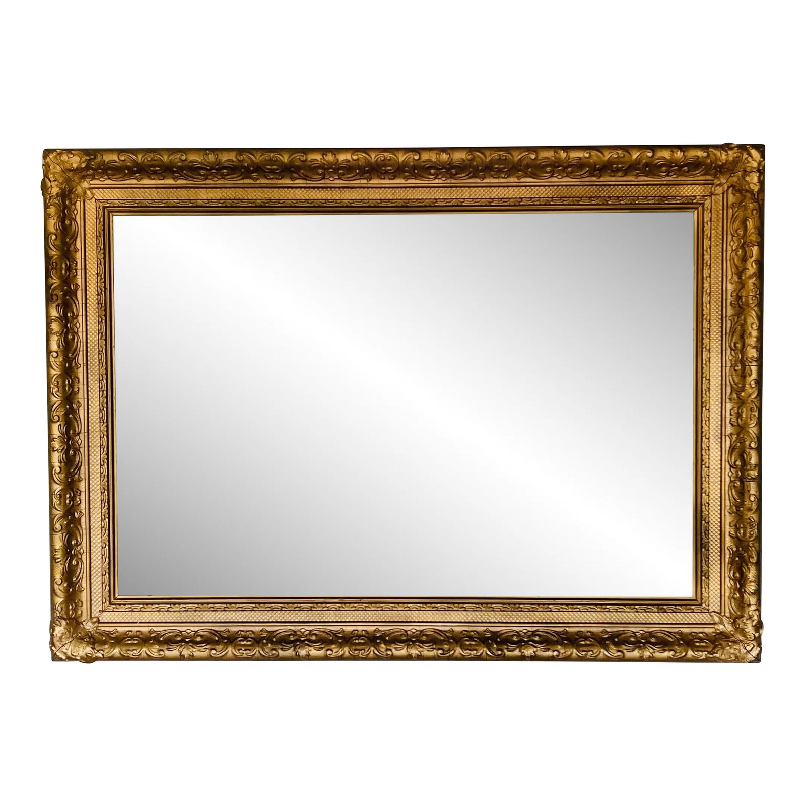 1940s Hollywood Regency Gold Framed Wall Mirror: 1940s Hollywood Regency Gold Framed Wall Mirror Bring timeless glamour to your decor with this elegant 1940s Hollywood Regency wall mirror. Featuring a beautifully detailed gold-toned frame, this vint