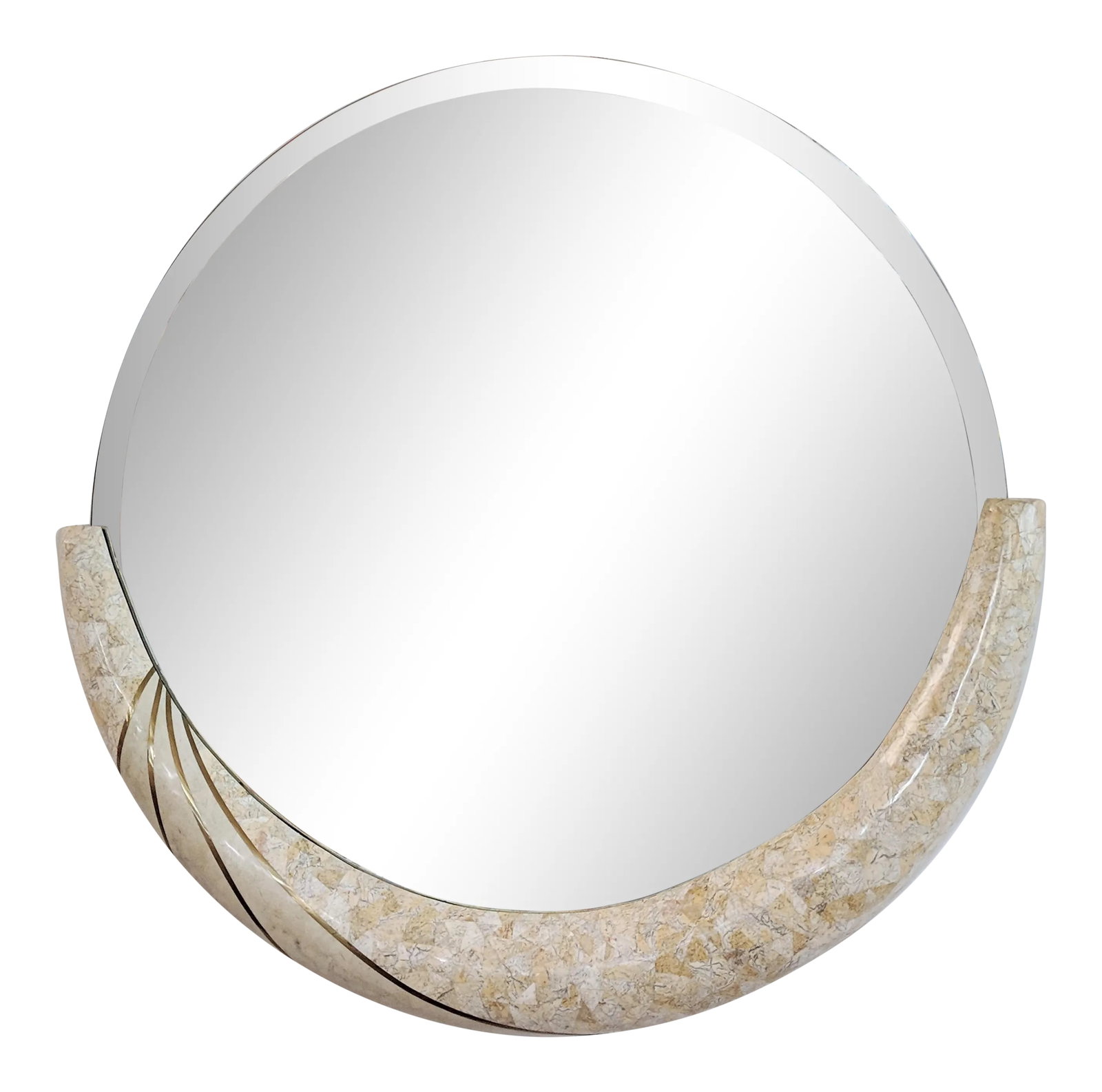 Maitland Smith Style Tessellated Stone & Brass Wall Mirror: Tessellated stone wall mirror with inlaid brass strips. Unusual design. Missing Maker's label. Condition: Alterations: Original Condition Unaltered Imperfections: Some Imperfections Condition Notes: E