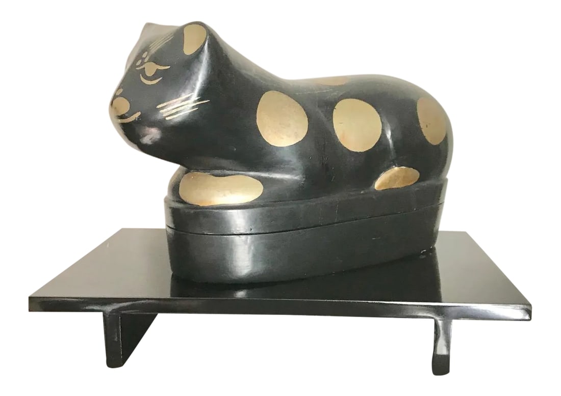 Gold and Black Lacquer Vintage Wooden Cat Pillow Box on Stand (1 of 9)