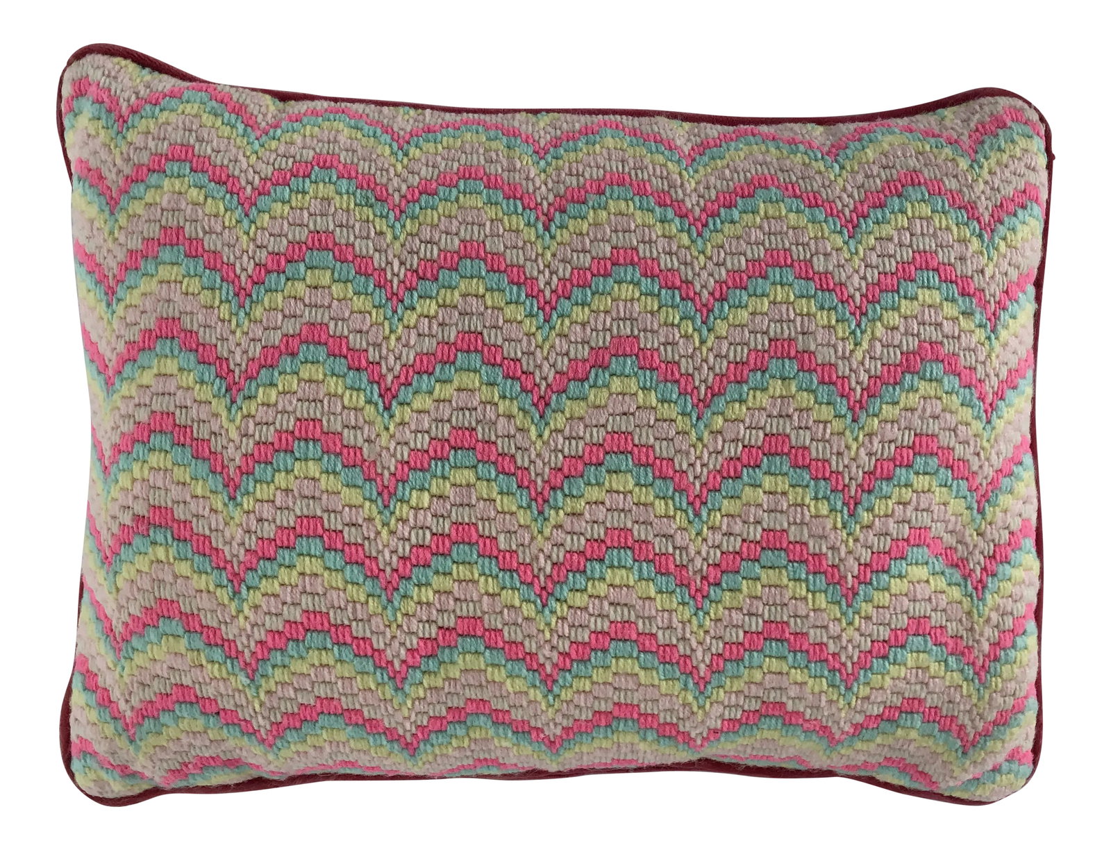 Midcentury Art-Full Handmade Zigzag Multi Color Pillow 14 X 11: Vintage Midcentury art-full handmade needlepoint multi color pillow with zipper closing pink velvet backing 14"X 11" in very good condition Condition: Alterations: Original Condition Unaltered