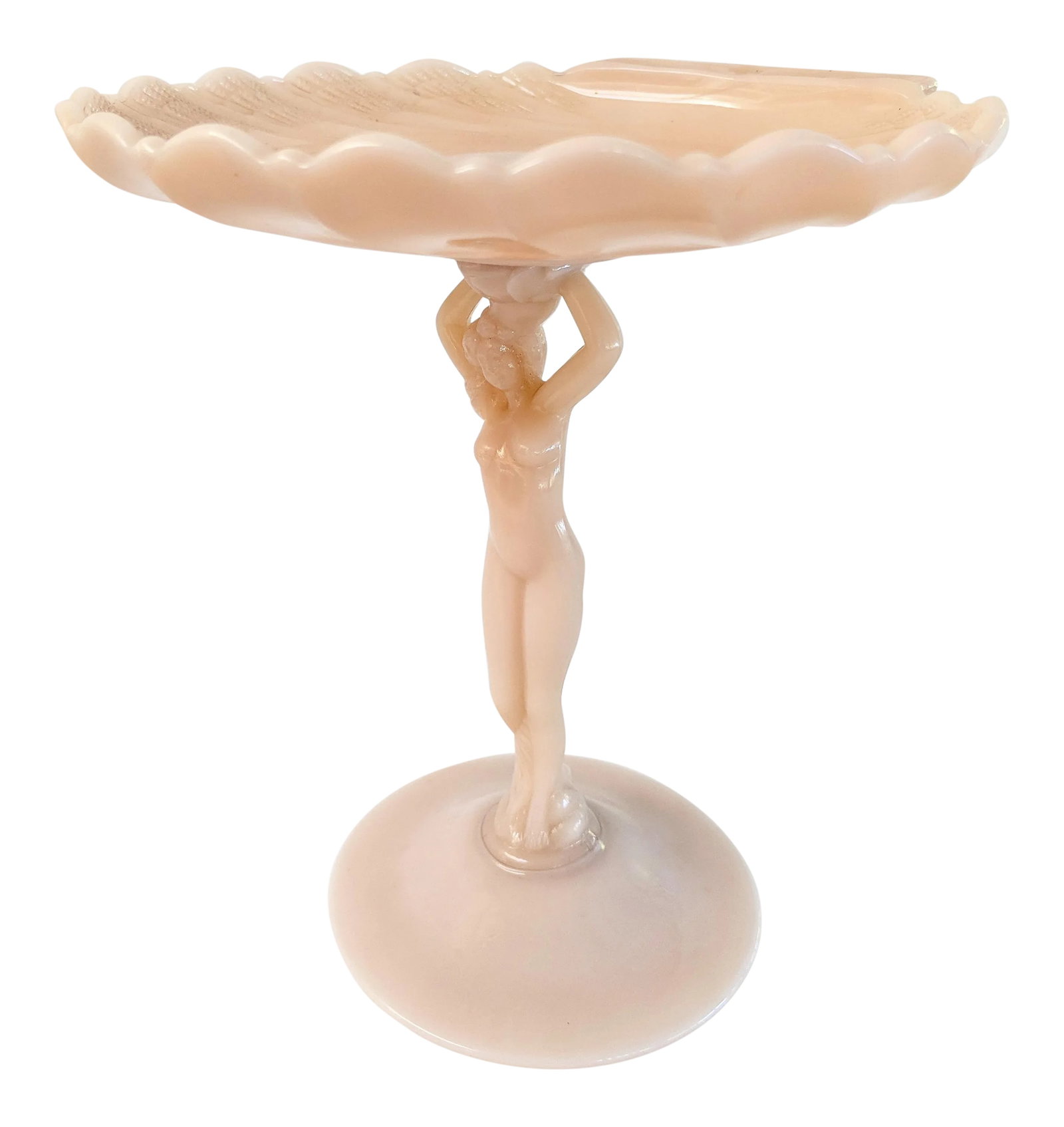 1940s Vintage Art Deco Nude Compote: Art Deco nude figural compote by the Cambridge Glass Company, Cambridge, Ohio. This piece is from the Crown Tuscan line. It was produced by Cambridge from approximately 1932 to 1954. It can range in