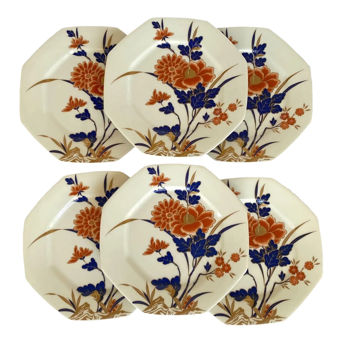 1970s Mikasa Fushimi Bone China Salad/Luncheon Plate - Set of 6, Octagonal, Gold Floral & Dark Green: This Salad/Luncheon Plate made by MIKASA, a well-known brand in the world of dinnerware. The plate has an octagonal shape and is crafted from fine bone china. It features Imari inspired gold floral
