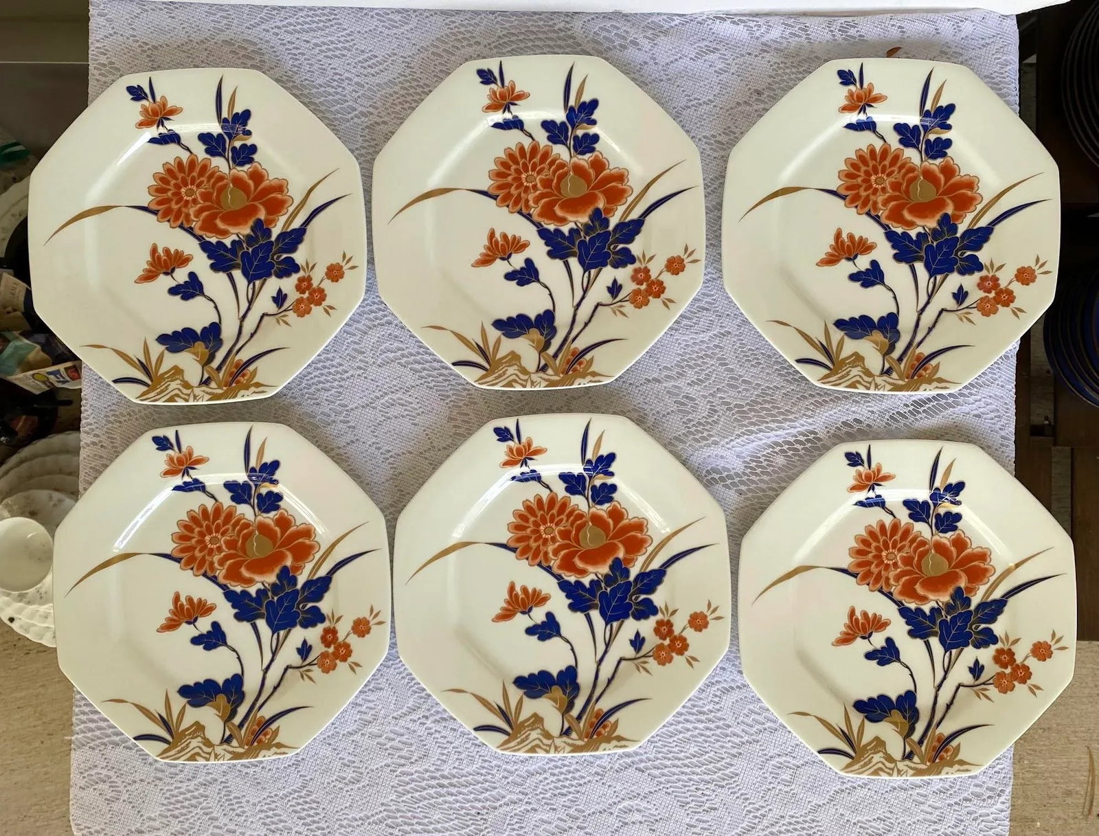 1970s Mikasa Fushimi Bone China Salad/Luncheon Plate - Set of 6, Octagonal, Gold Floral & Dark Green - 2