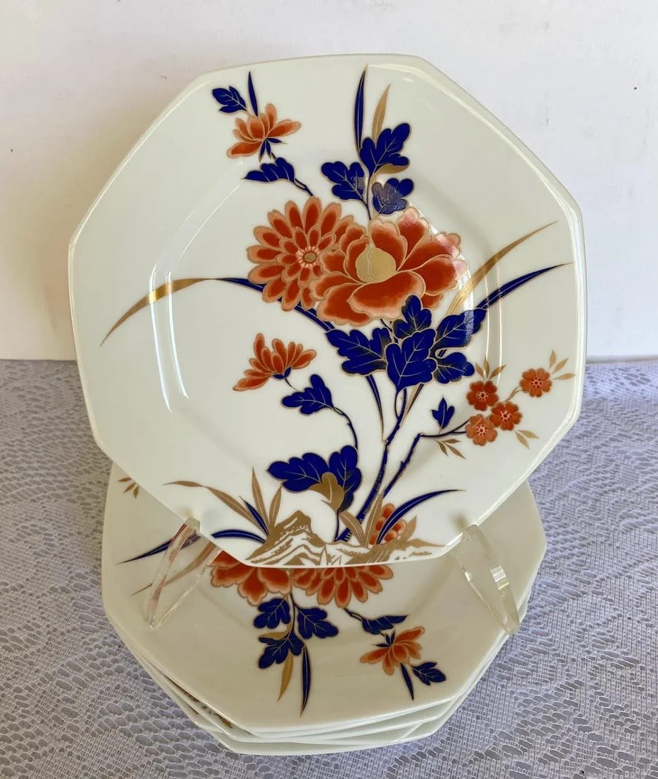 1970s Mikasa Fushimi Bone China Salad/Luncheon Plate - Set of 6, Octagonal, Gold Floral & Dark Green - 3