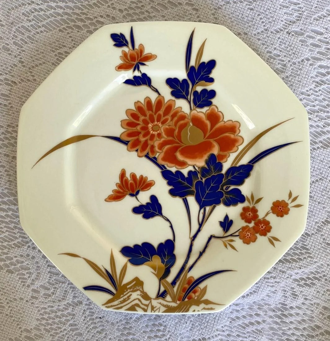 1970s Mikasa Fushimi Bone China Salad/Luncheon Plate - Set of 6, Octagonal, Gold Floral & Dark Green - 4
