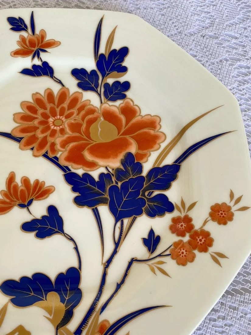 1970s Mikasa Fushimi Bone China Salad/Luncheon Plate - Set of 6, Octagonal, Gold Floral & Dark Green - 5