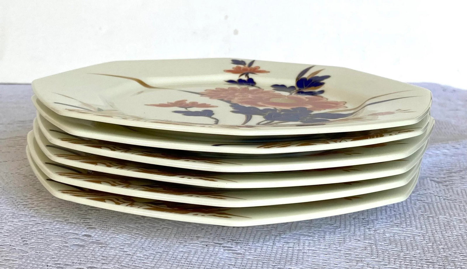 1970s Mikasa Fushimi Bone China Salad/Luncheon Plate - Set of 6, Octagonal, Gold Floral & Dark Green - 7