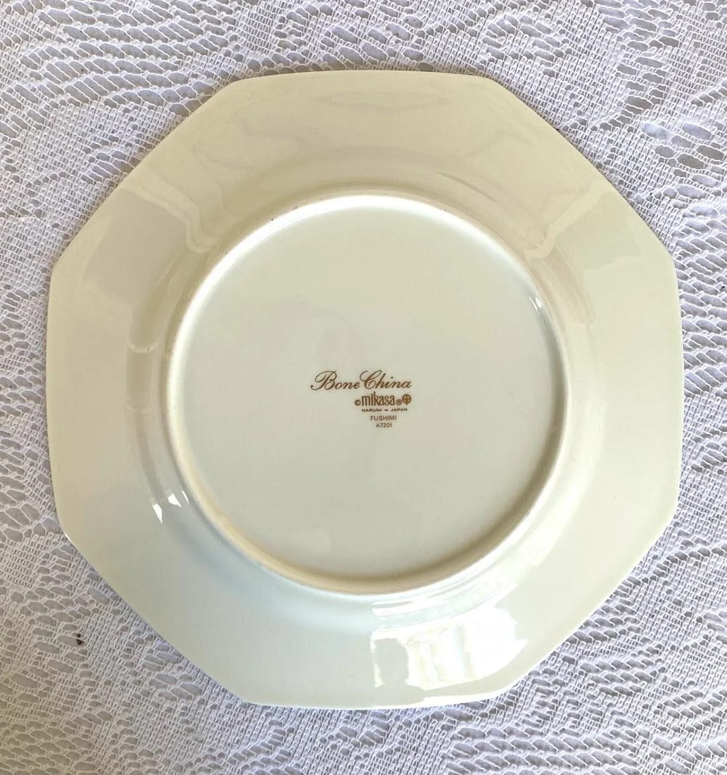 1970s Mikasa Fushimi Bone China Salad/Luncheon Plate - Set of 6, Octagonal, Gold Floral & Dark Green - 9
