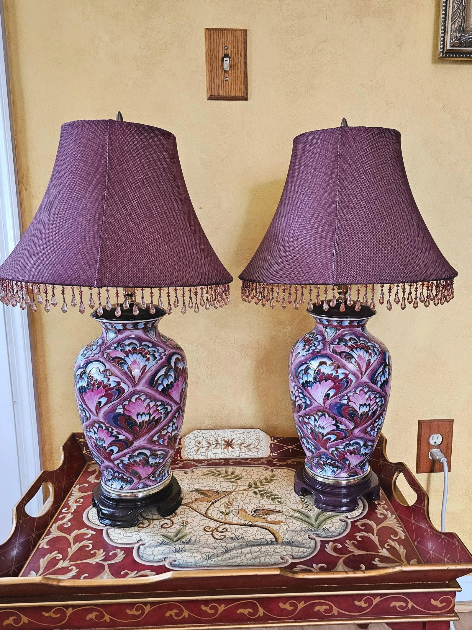 1990s Chinoiserie Pink Porcelain Peacock Ginger Jar Table Lamps With Shades - a Pair - 2