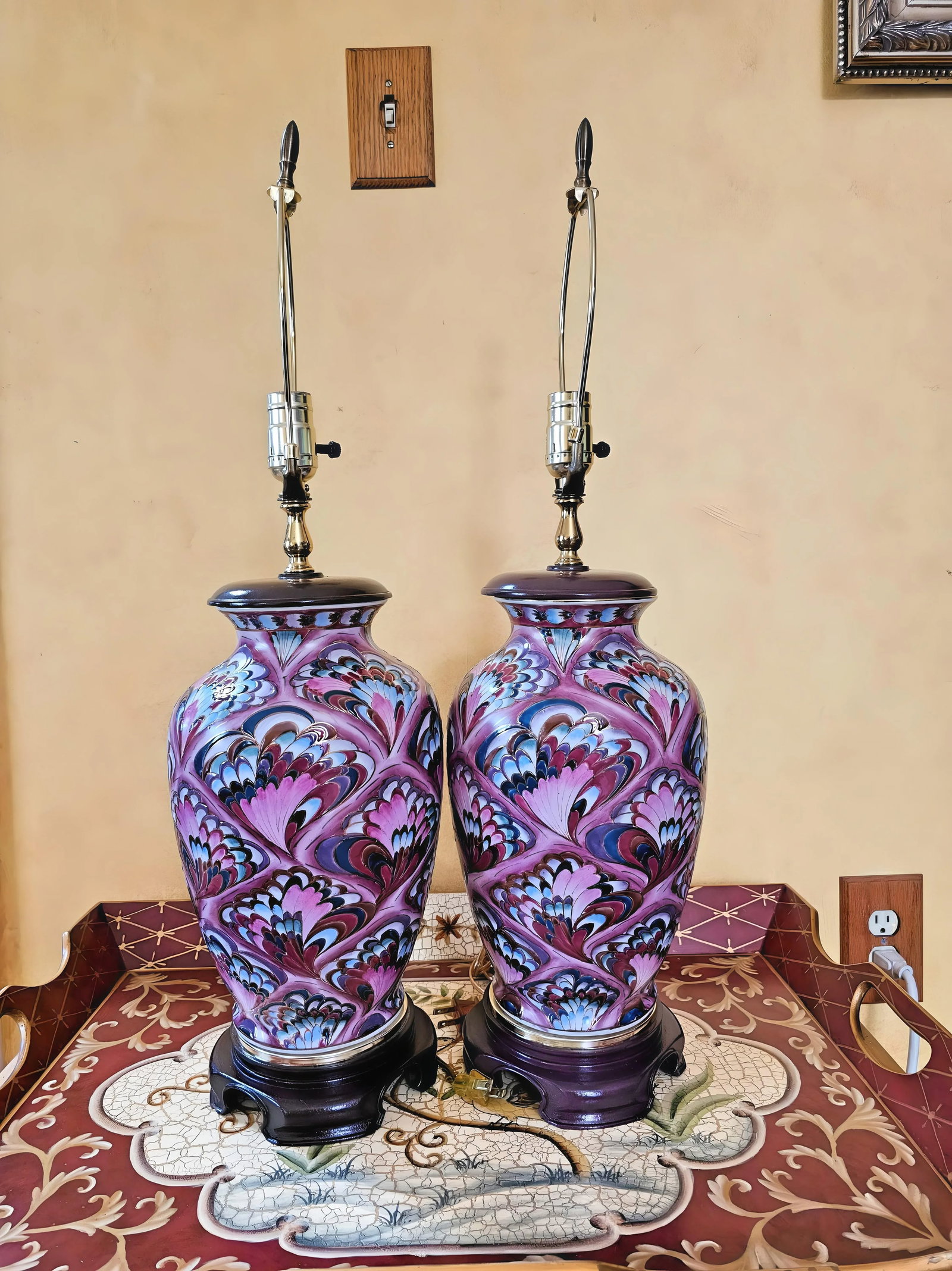1990s Chinoiserie Pink Porcelain Peacock Ginger Jar Table Lamps With Shades - a Pair - 3