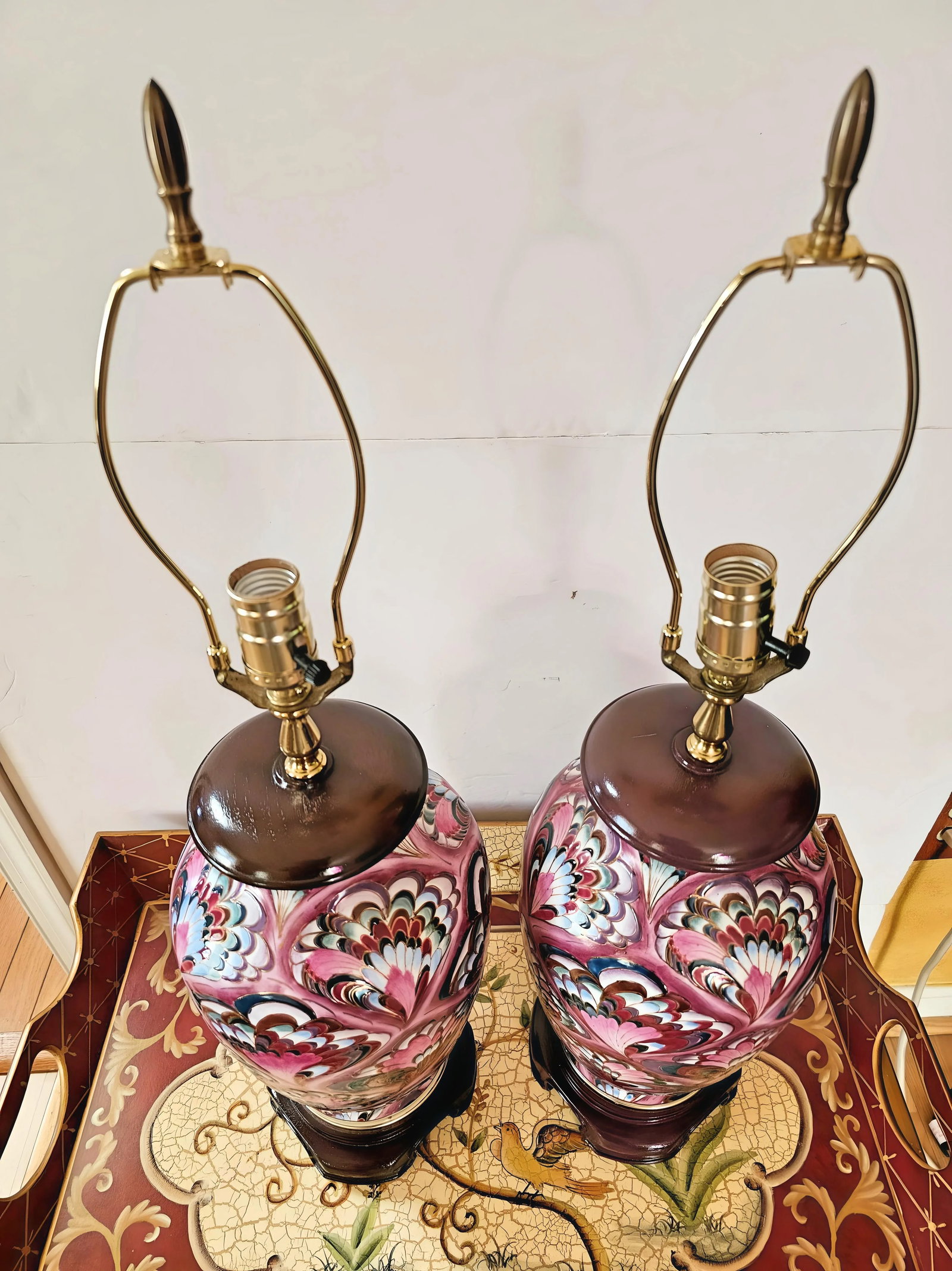 1990s Chinoiserie Pink Porcelain Peacock Ginger Jar Table Lamps With Shades - a Pair - 5