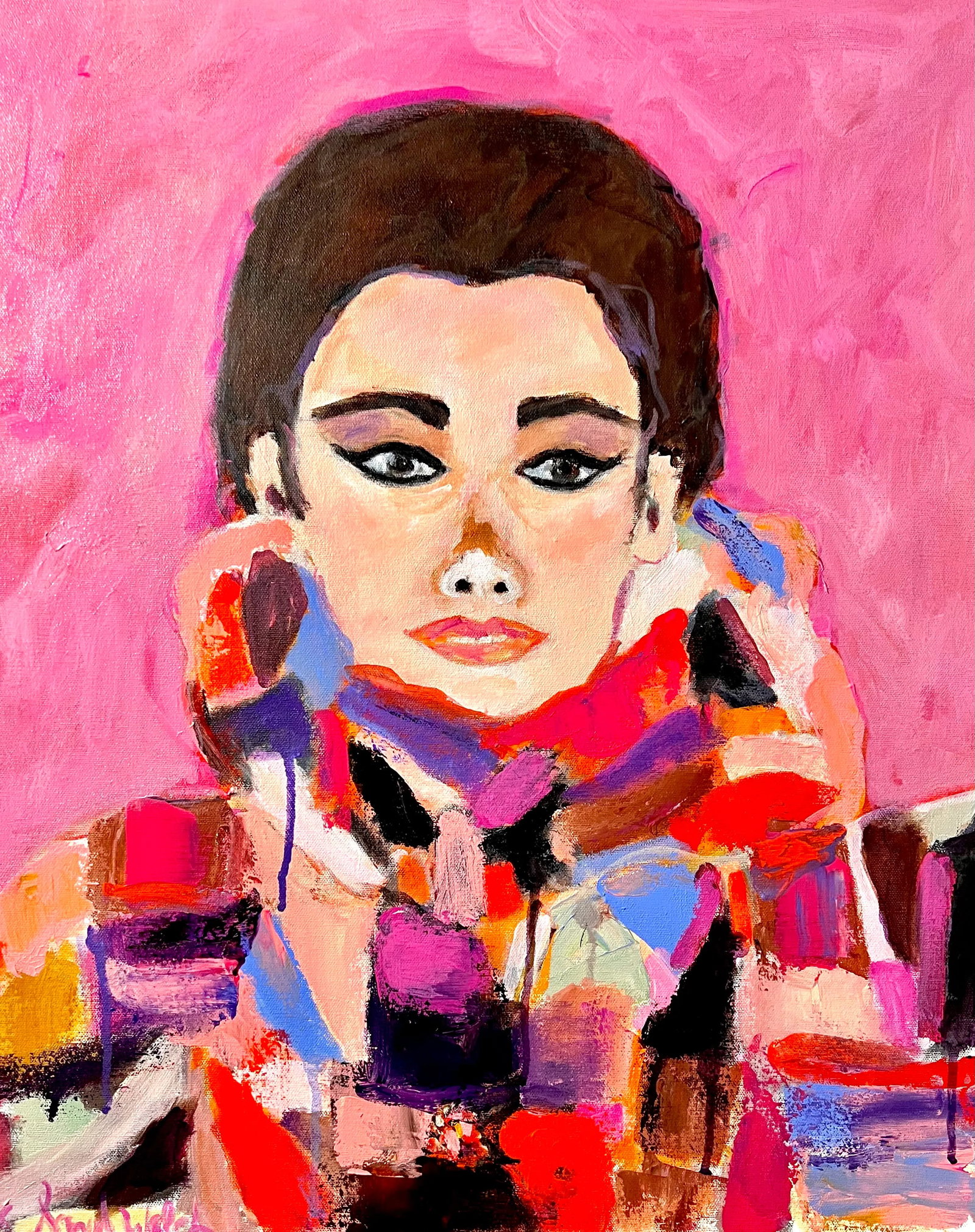 Glorious Gloria Original Expressionist Portrait Painting by Sandy Welch: Glorious Gloria Vanderbilt ...so lovely and colorful ...A fashionista no doubt..so much grace and style...this portrait depicts her wonderful style and how utterly attractive and talented she
