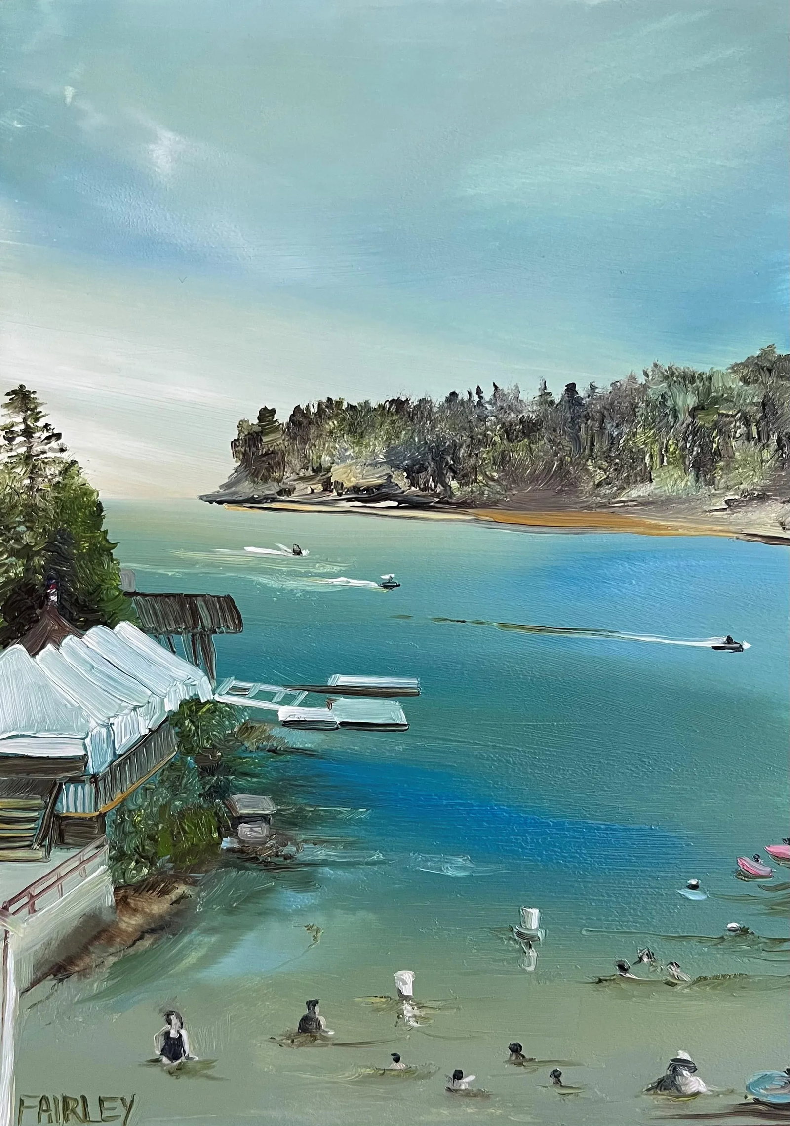 Bass Lake, Miniature Oil Painting by Jessica Fairley: Take a trip to one of California's most beloved Alpine Lakes, Bass Lake, near the entrance to Yosemite National Park. As you peer into this 5x7 inch miniature oil painting, be transported to the