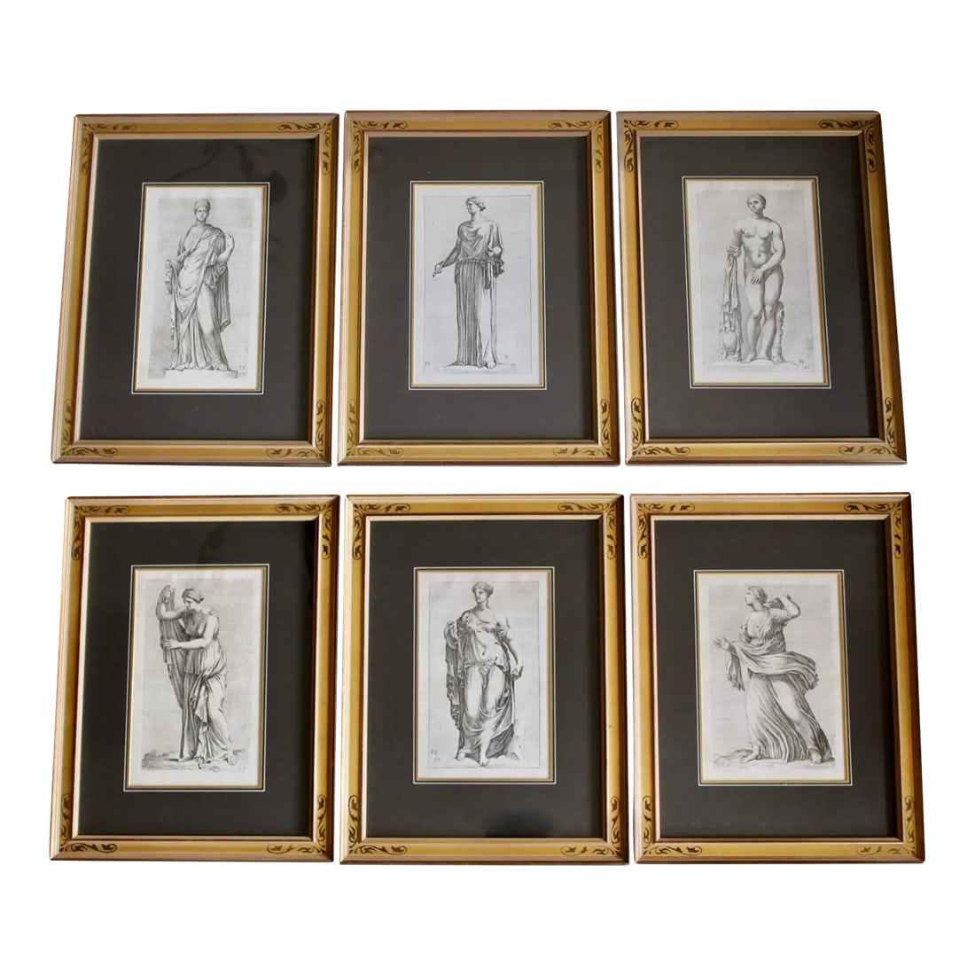 French 17th Century Classical Figure Engravings by Francois Perrier- Set of Six: Finely framed and with high quality filage decorated charcoal colored matting, these six original engraved plates come from the publication "Segmenta nobilium signorum et statuarum quae temporis