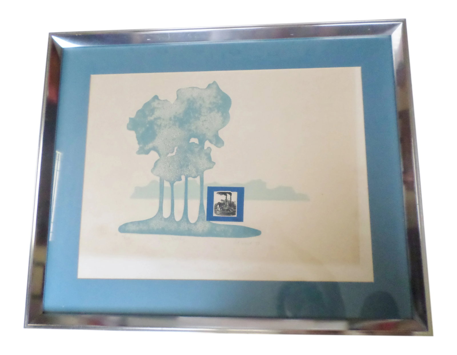 1977 Vintage Edward Ward Signed & Numbered Print: This is a 1970s original print by Artist Edward Ward, born in 1928. It is pencil signed and numbered 41/100 Titled "NATCHEZ" in a gorgeous what looks like original metal frame and blue mat that makes