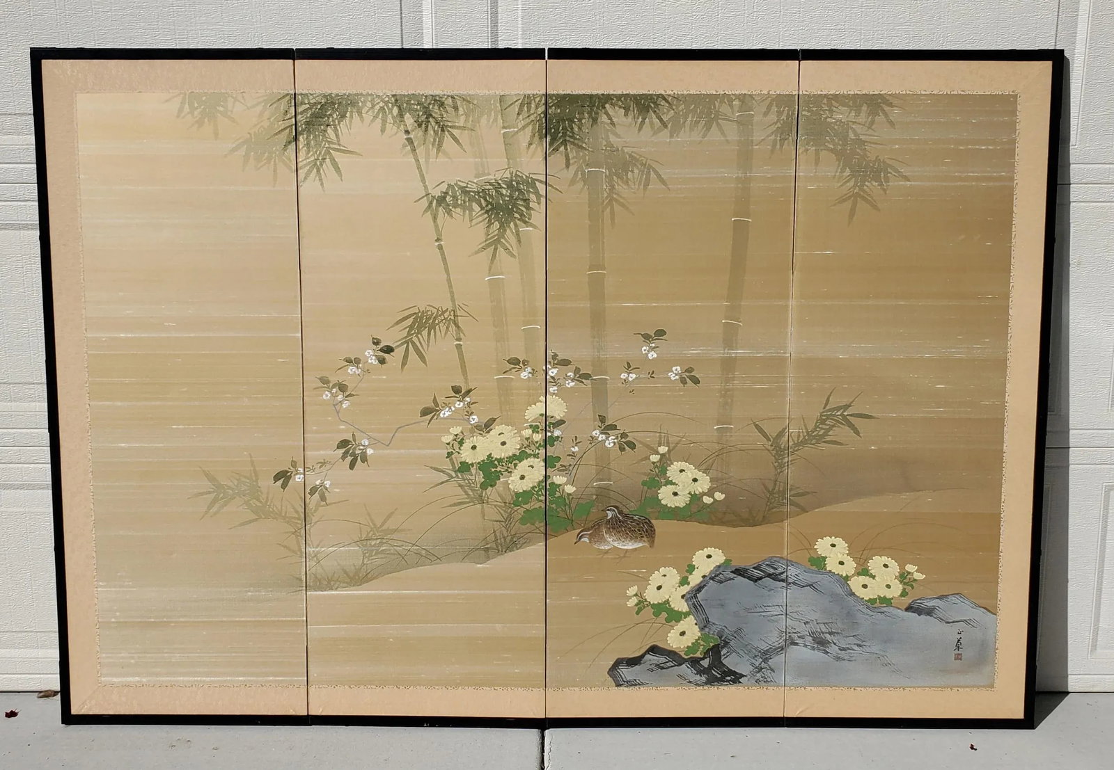Antique Japanese Silk Screen Four-Panel Byobu Landscape With Two Quails, Chrysanthemums and Bamboo - 10