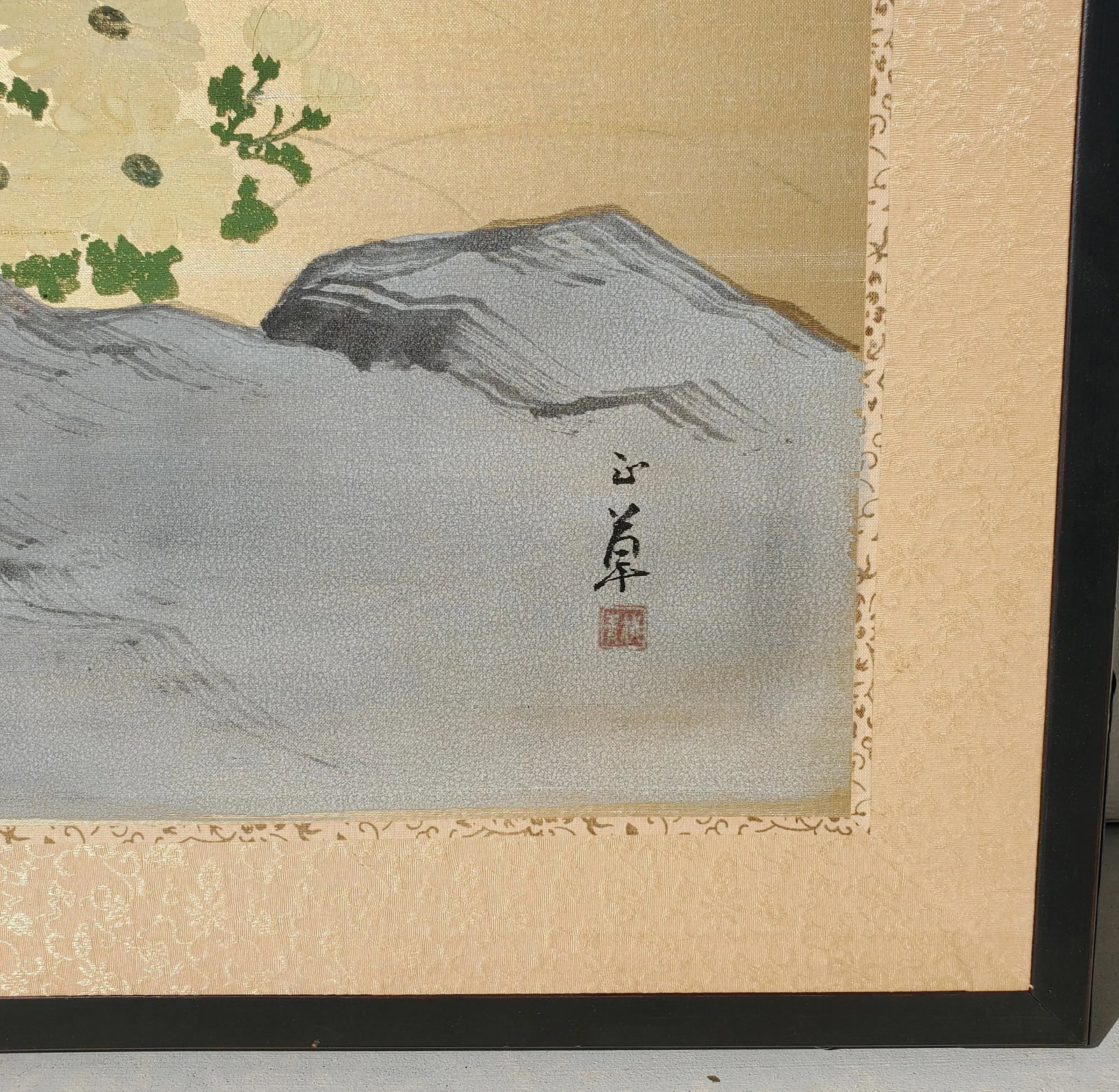 Antique Japanese Silk Screen Four-Panel Byobu Landscape With Two Quails, Chrysanthemums and Bamboo - 11