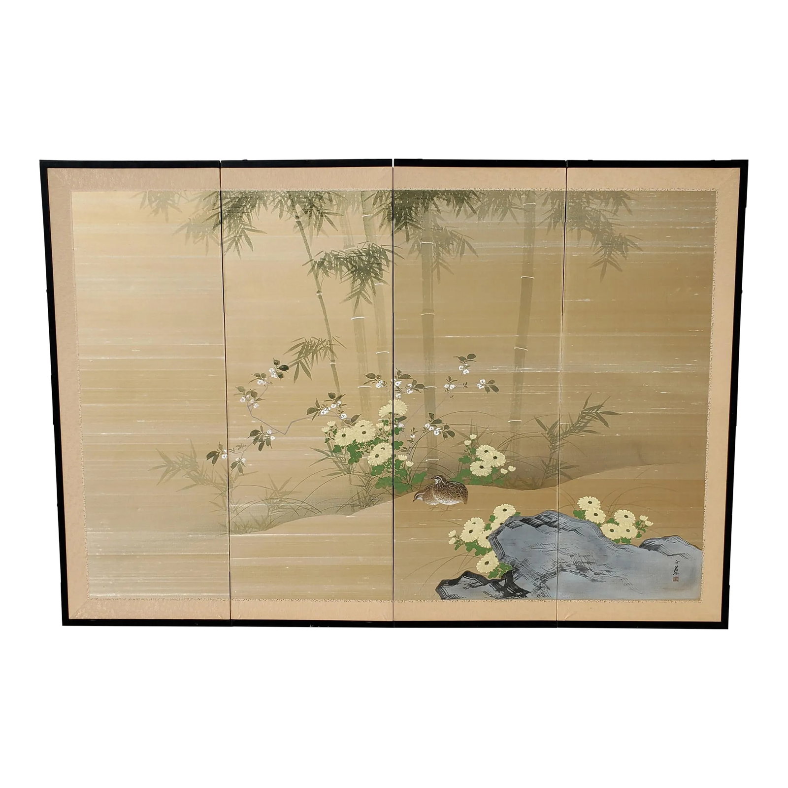 Antique Japanese Silk Screen Four-Panel Byobu Landscape With Two Quails, Chrysanthemums and Bamboo: Antique Elegant Japanese Four Panel Byobu Folding Screen Landscape Painting on Silk of two Quails, yellow Chrysanthemums, white plum blossoms, and Bamboo by L Hai Circa 1920. Calming and Scenic Tradit