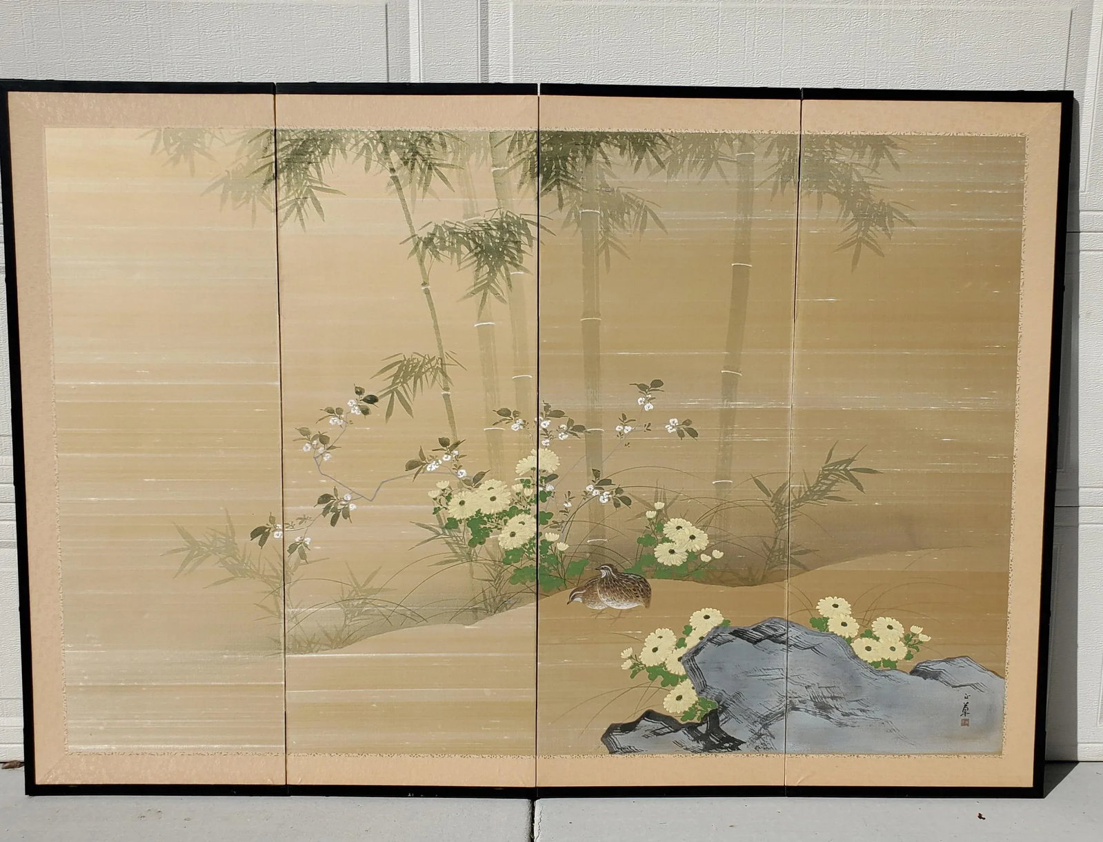 Antique Japanese Silk Screen Four-Panel Byobu Landscape With Two Quails, Chrysanthemums and Bamboo - 2