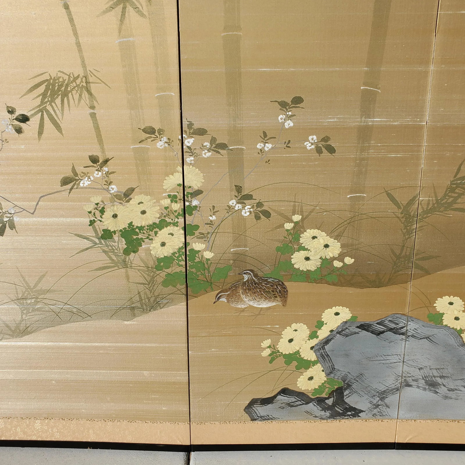 Antique Japanese Silk Screen Four-Panel Byobu Landscape With Two Quails, Chrysanthemums and Bamboo - 4