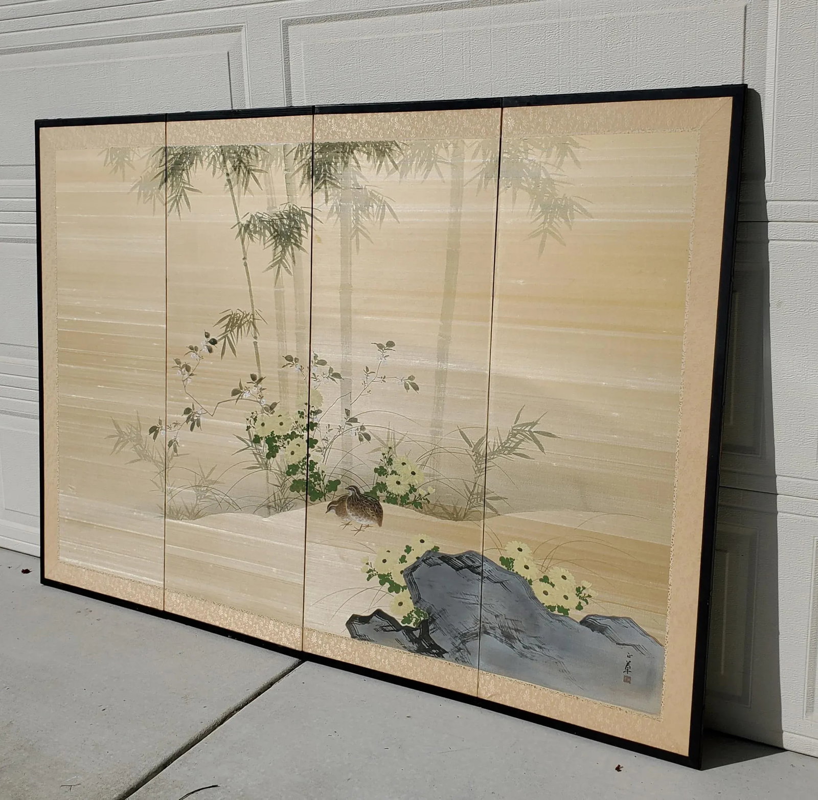 Antique Japanese Silk Screen Four-Panel Byobu Landscape With Two Quails, Chrysanthemums and Bamboo - 5