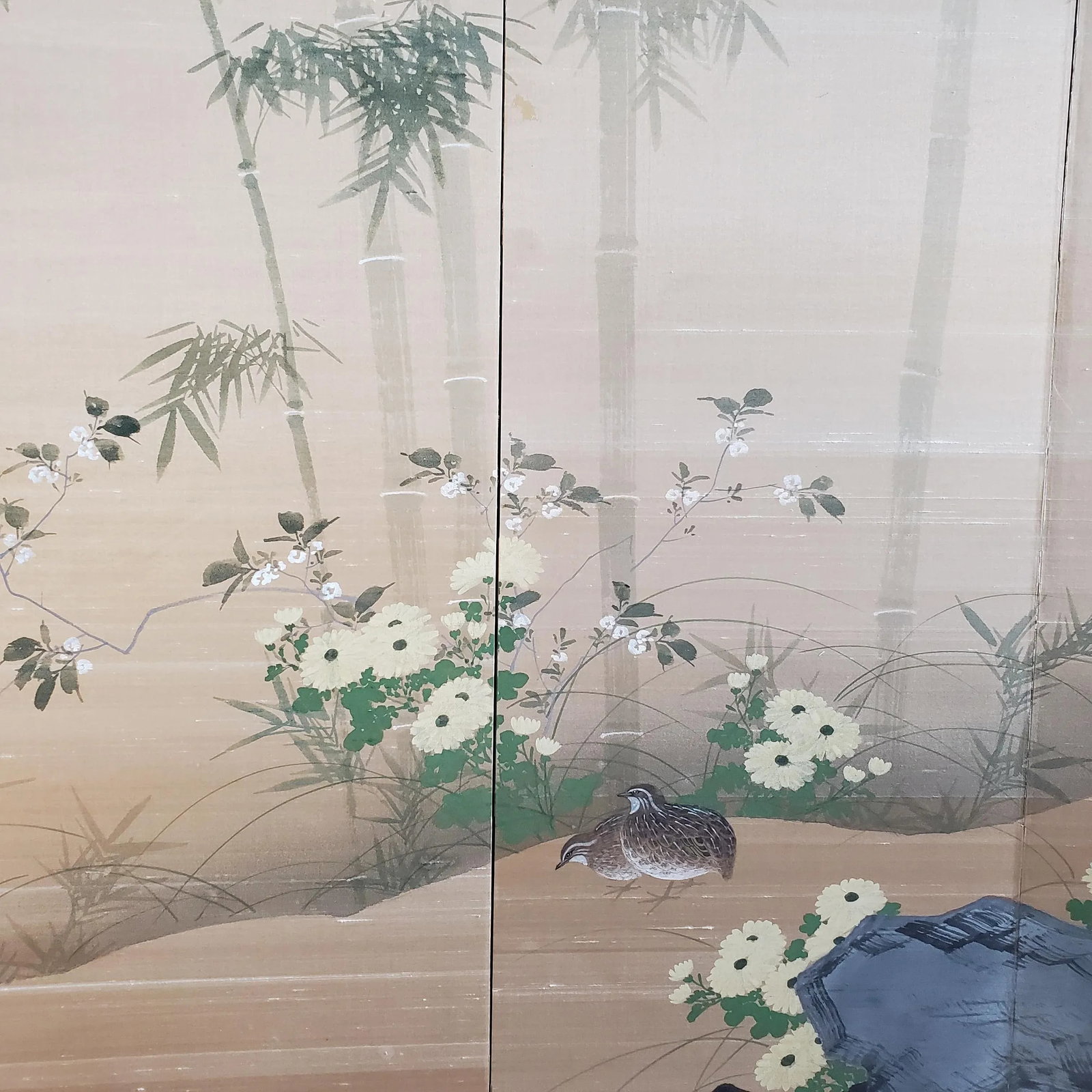 Antique Japanese Silk Screen Four-Panel Byobu Landscape With Two Quails, Chrysanthemums and Bamboo - 6
